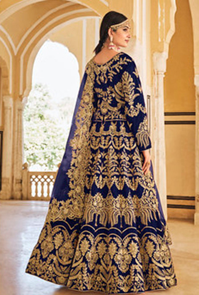 Navy Blue Velvet Embroidered Wedding Designer Lehenga Choli