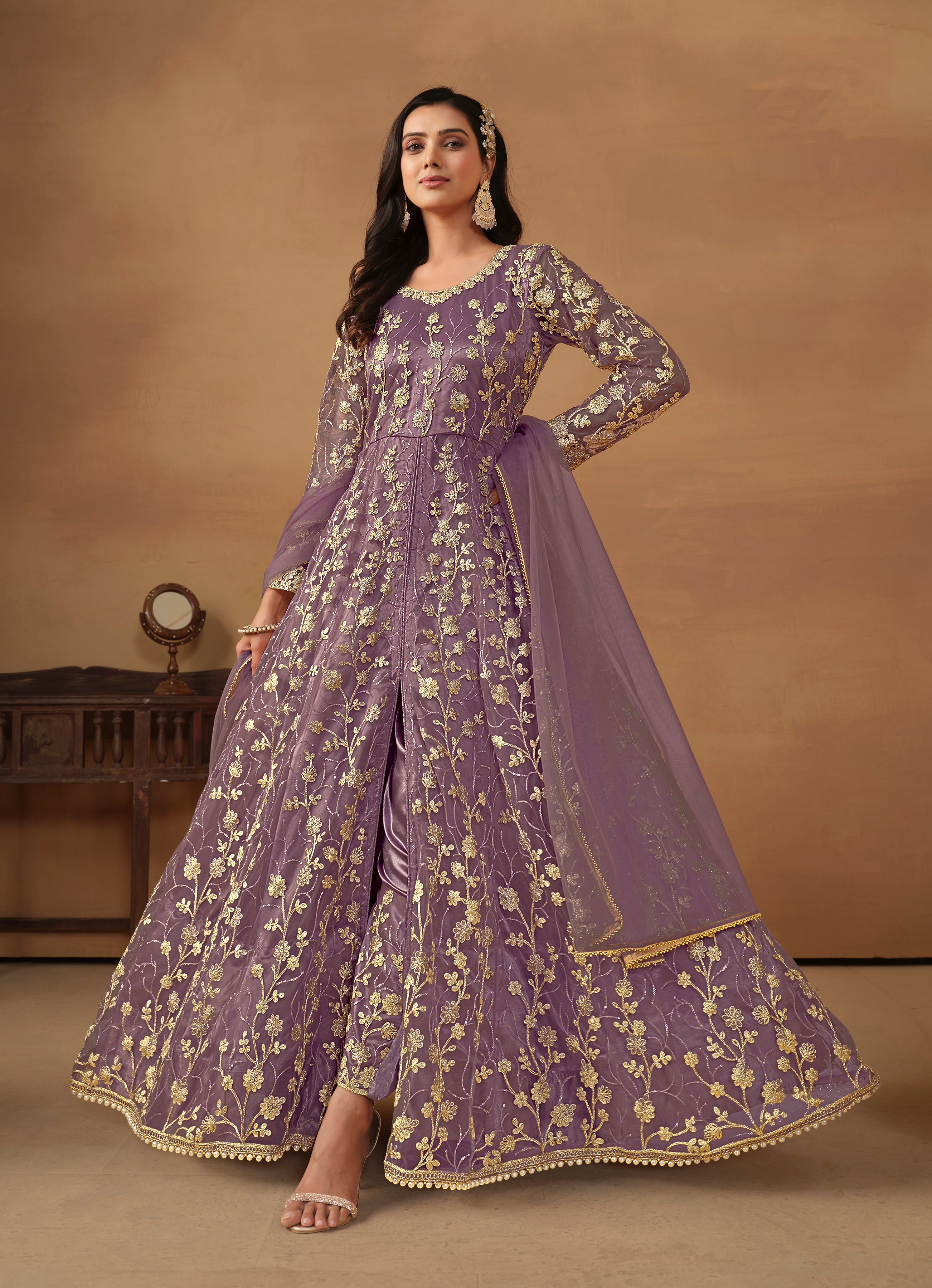 Orchid Net Embroidered Indo-western Suit - Monjolika Fashion