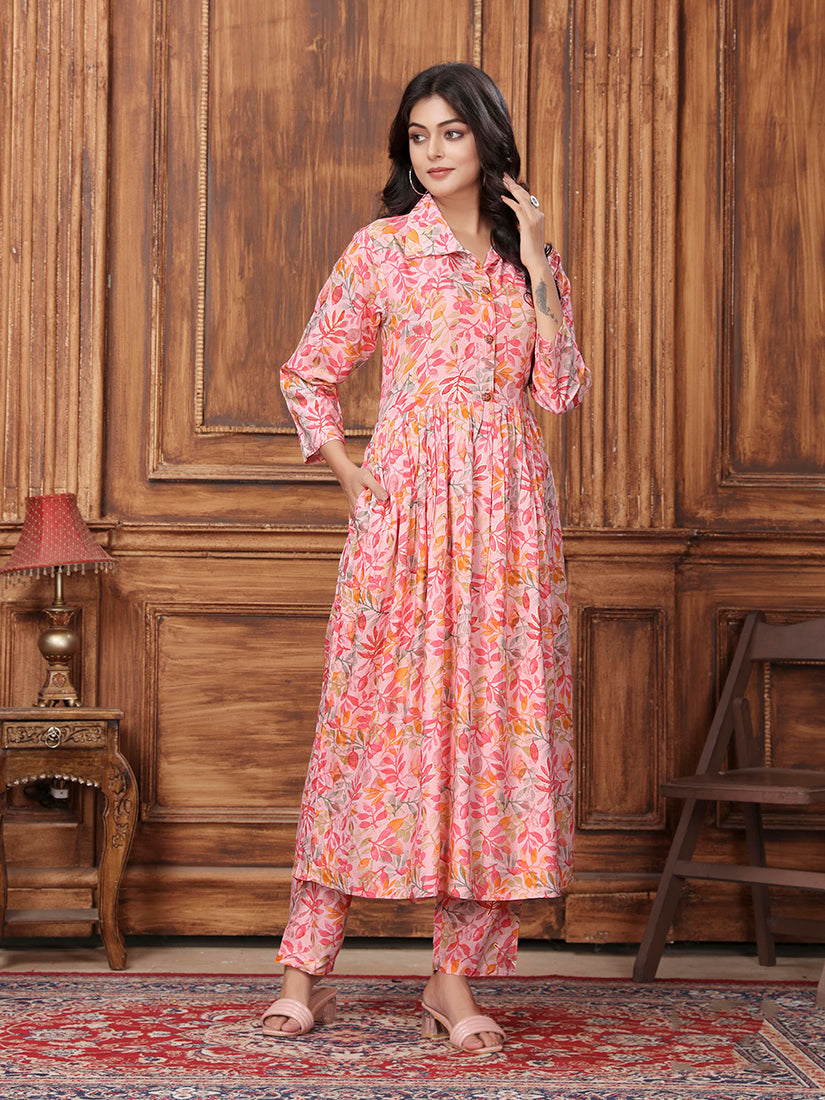 Peach Premium Rayon Floral Printed Long Kurta and Pant Set