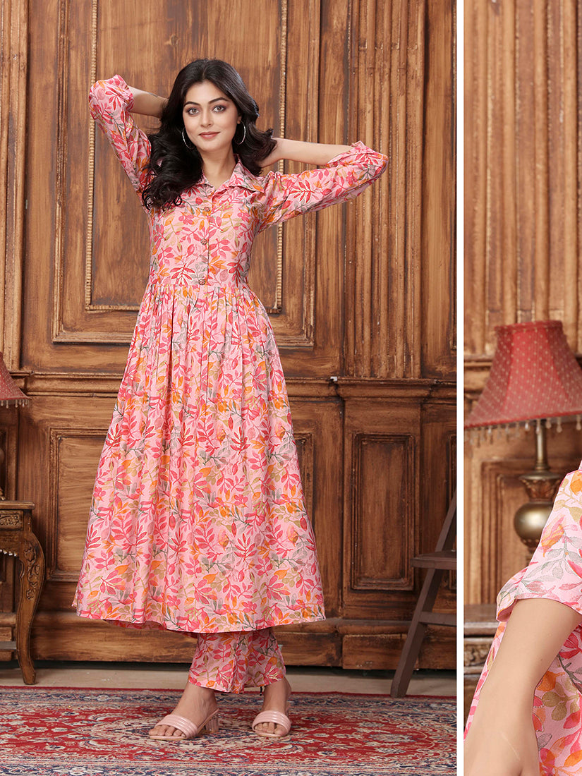 Peach Premium Rayon Floral Printed Long Kurta and Pant Set