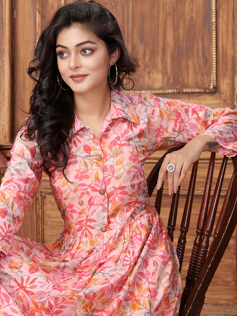Peach Premium Rayon Floral Printed Long Kurta and Pant Set