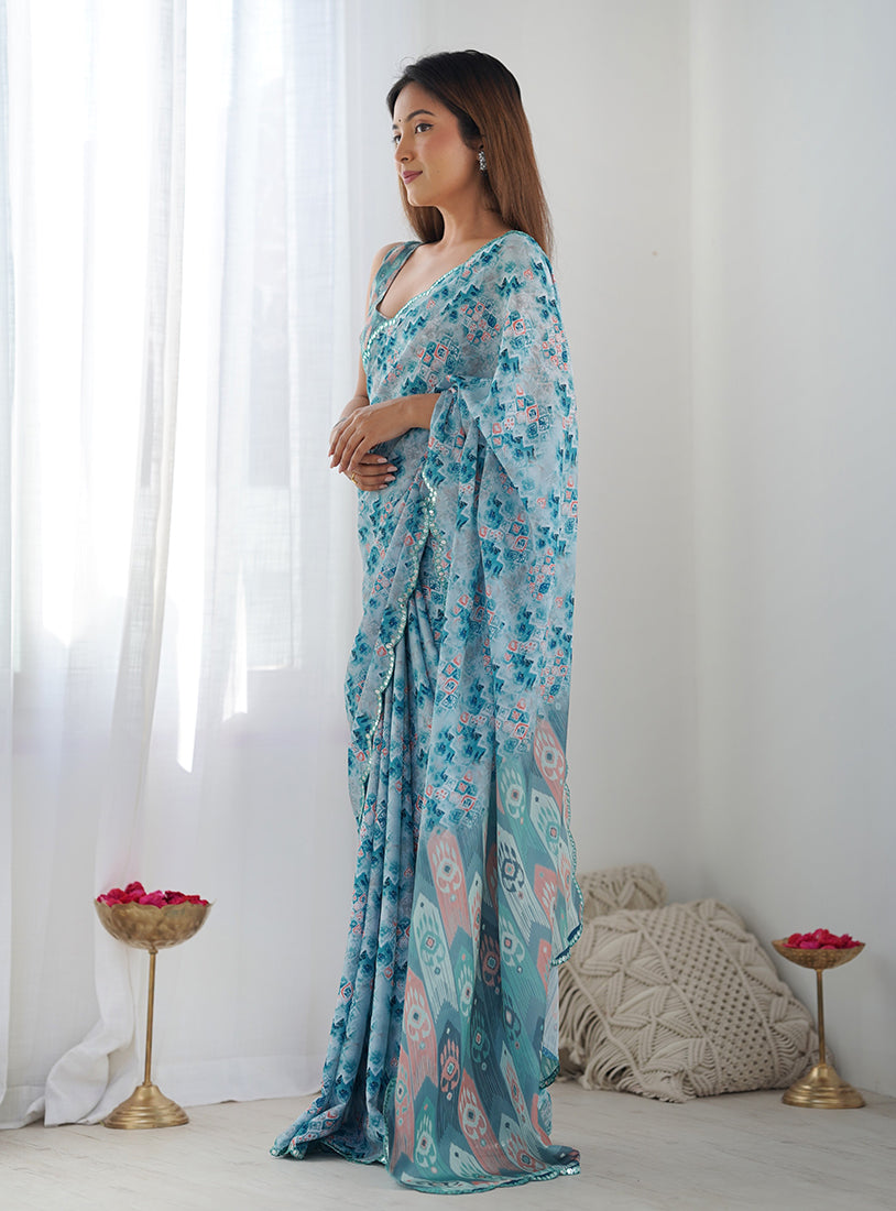 Light Blue Chinon Digital Print Mirror Cut Work Saree
