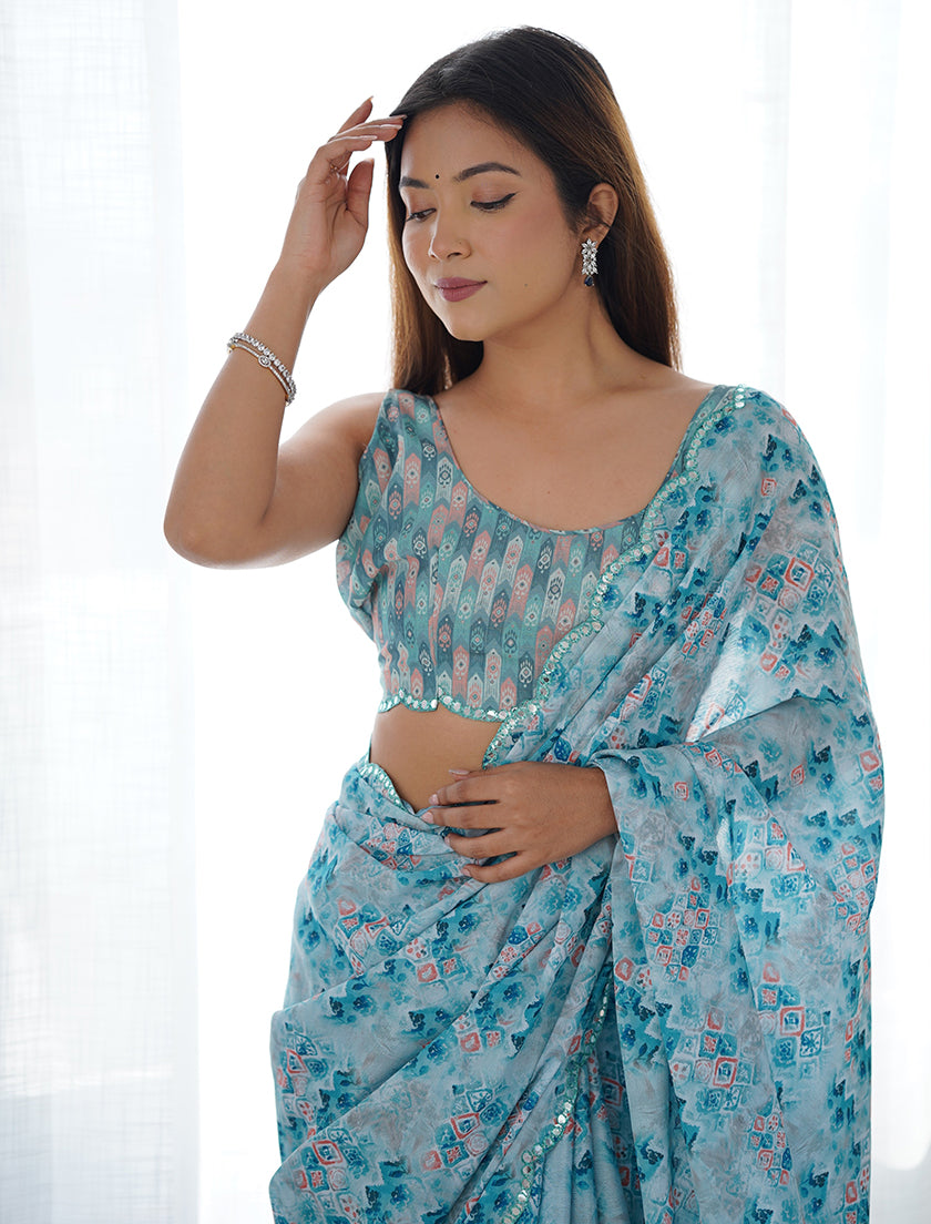 Light Blue Chinon Digital Print Mirror Cut Work Saree