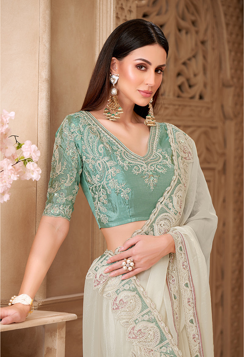 Off White Color Georgette silk Embroidered Border Fancy Designer Saree