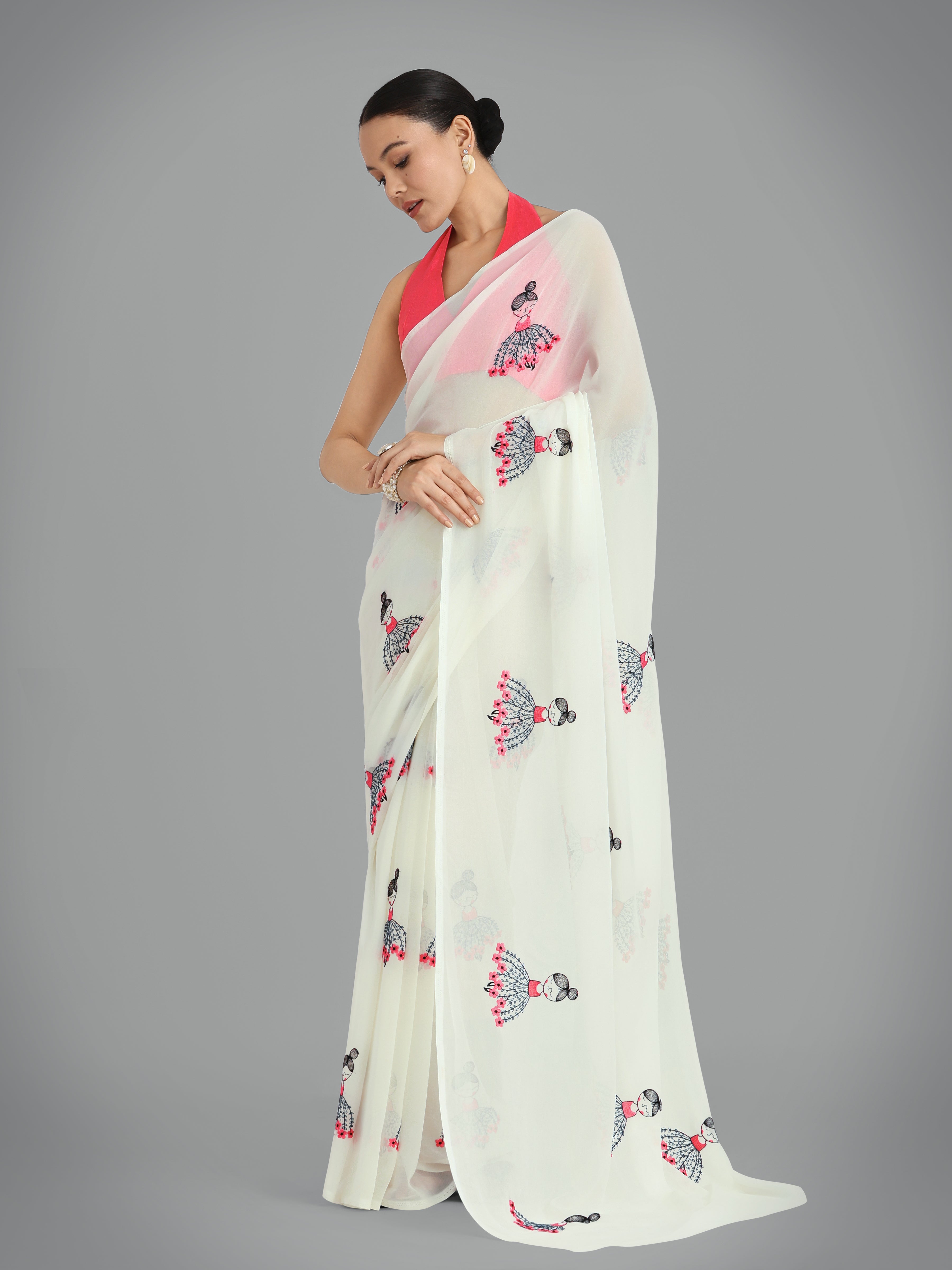 Off White Georgette Embroidered Work Party Wear Saree