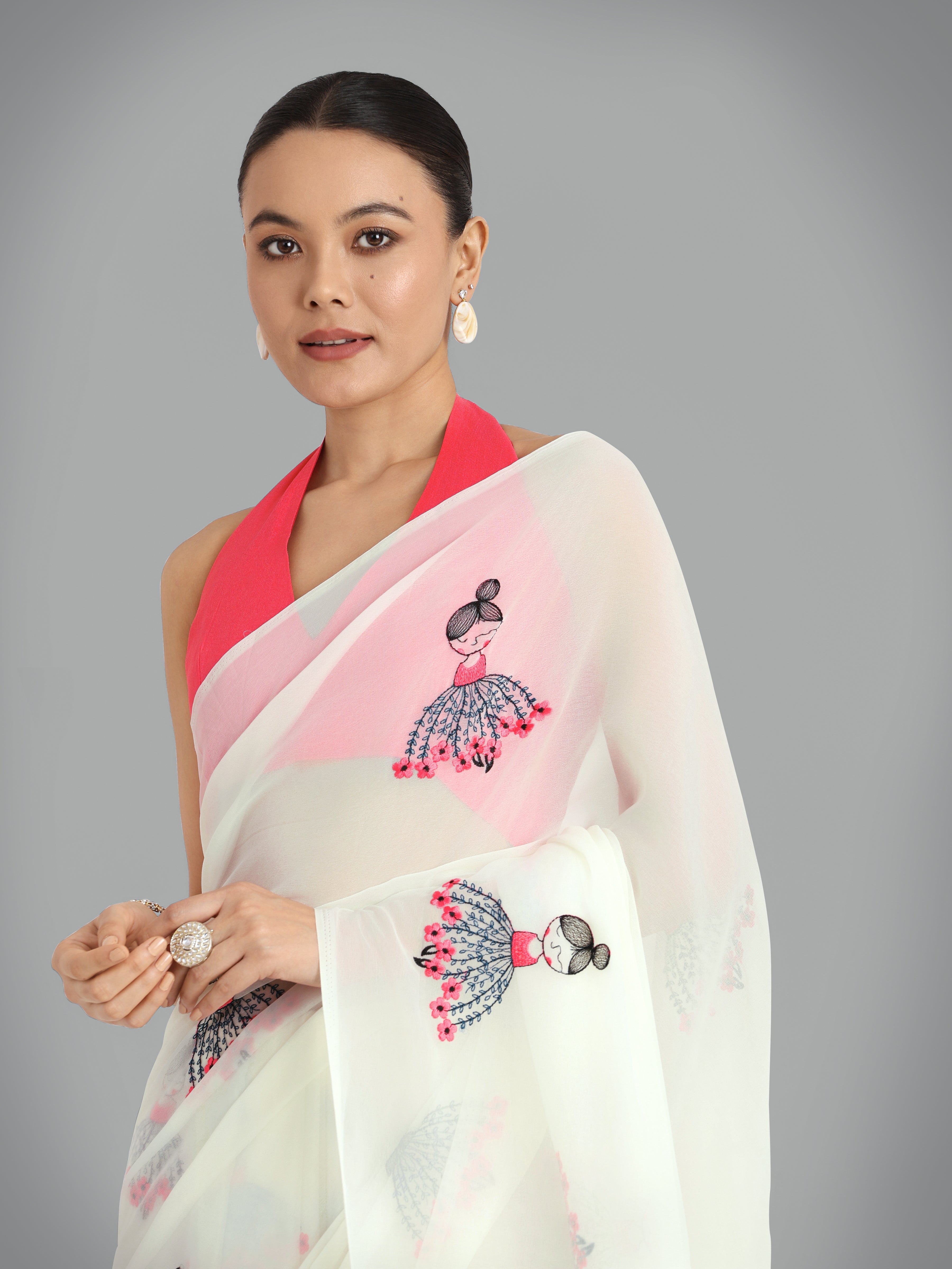 Off White Georgette Embroidered Work Party Wear Saree