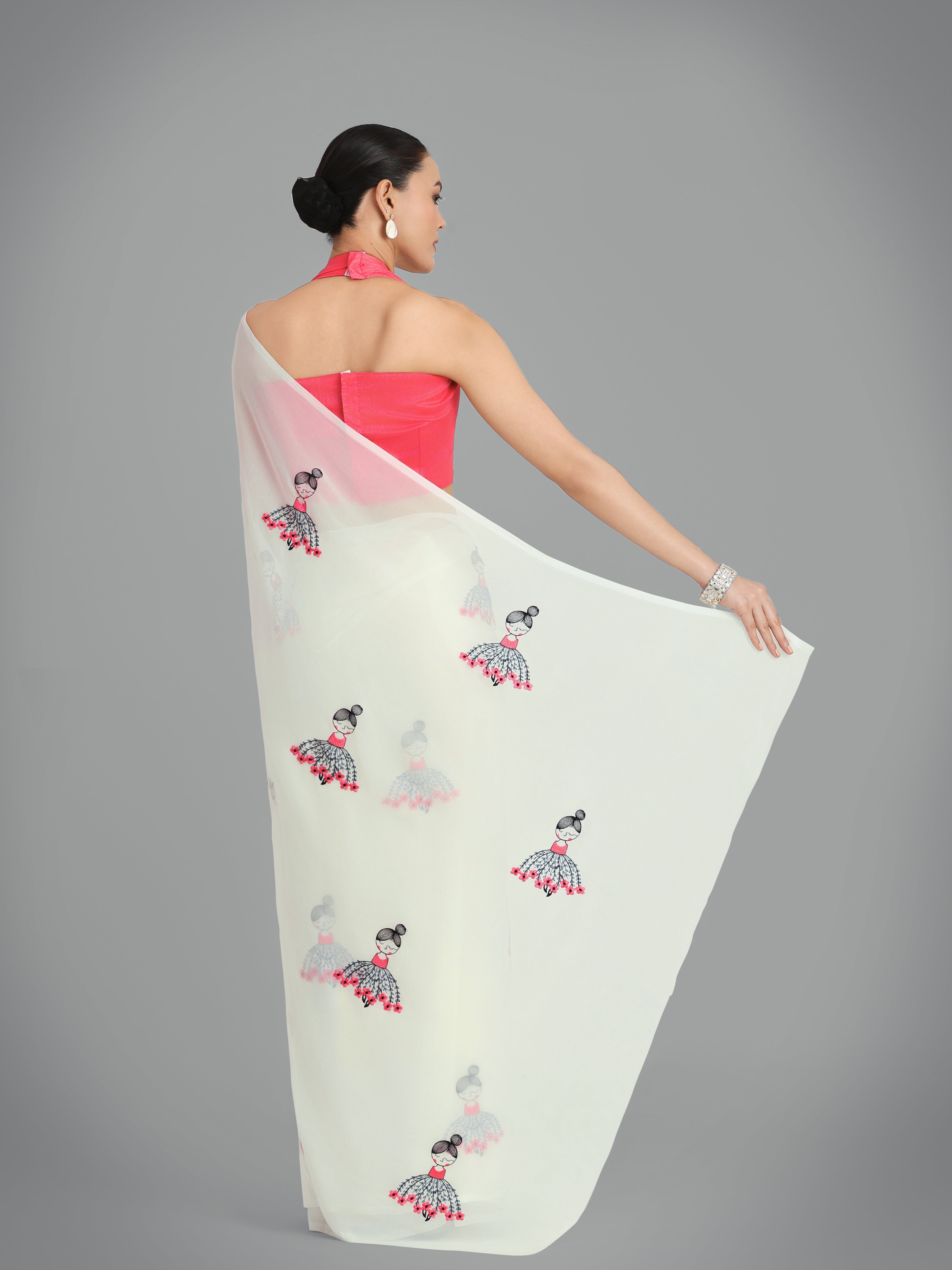 Off White Georgette Embroidered Work Party Wear Saree