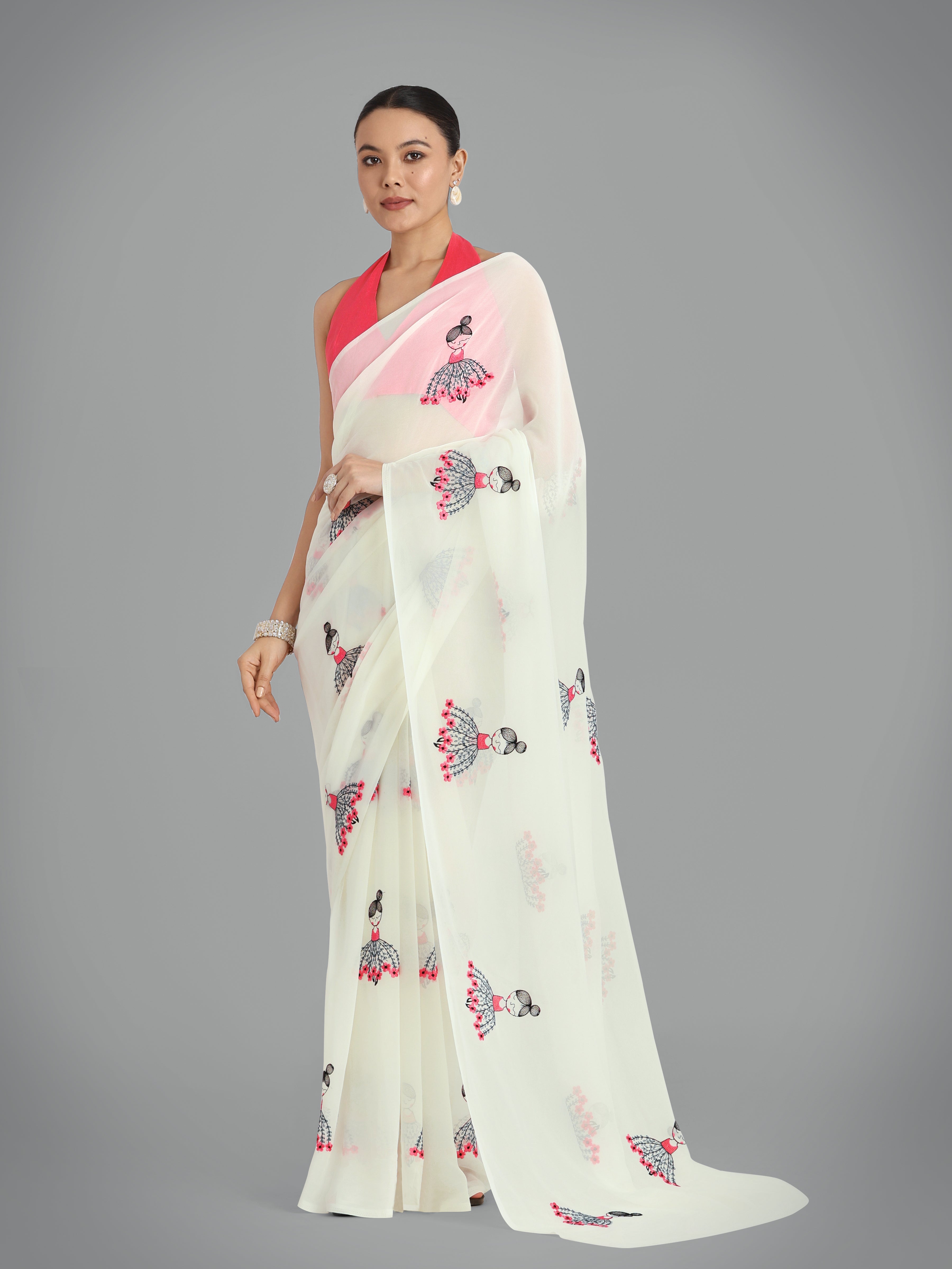 Off White Georgette Embroidered Work Party Wear Saree