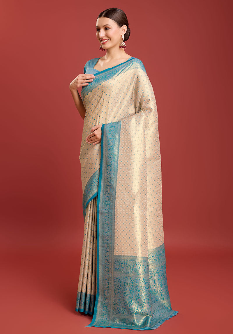 Off White Kanjivaram Silk Zari Woven Festive Wear Saree - Monjolika Fashion