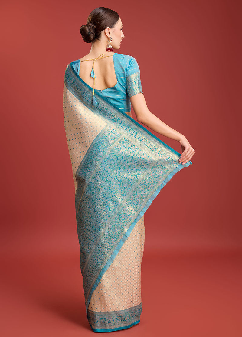 Off White Kanjivaram Silk Zari Woven Festive Wear Saree - Monjolika Fashion