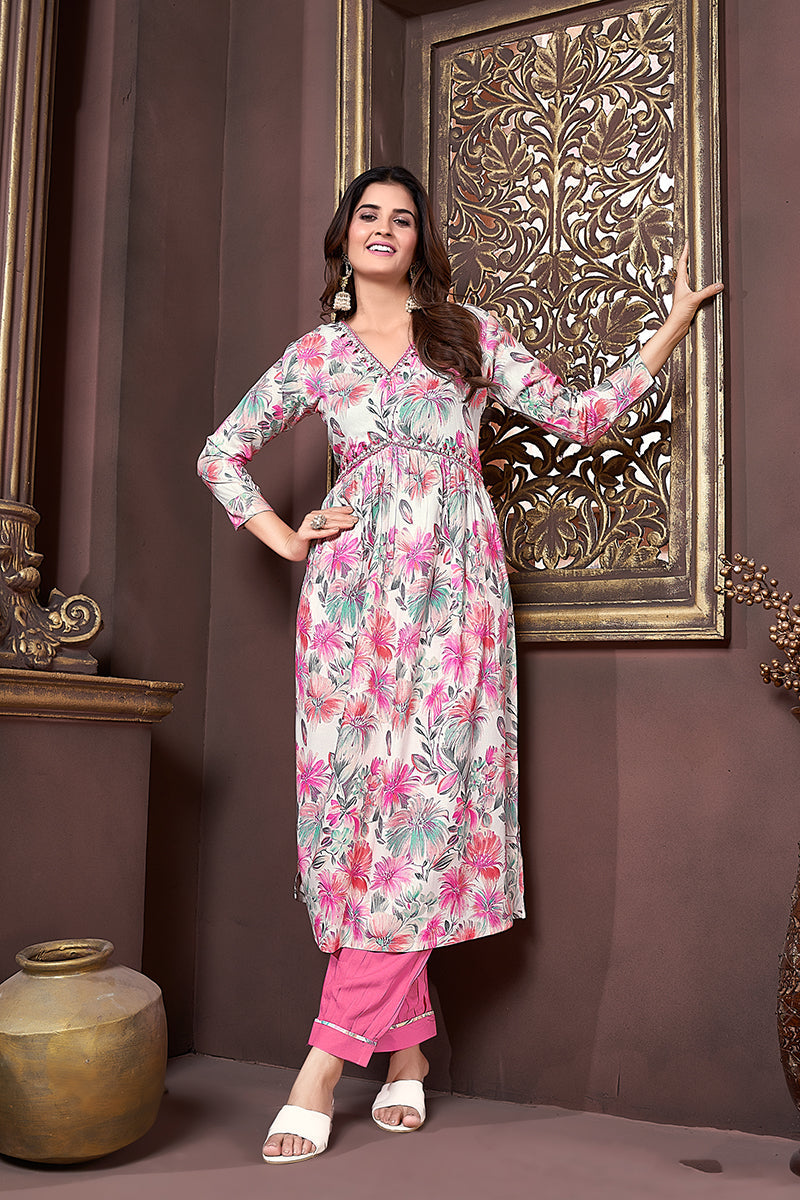 Off White and Pink Rayon Printed Afghani Suit