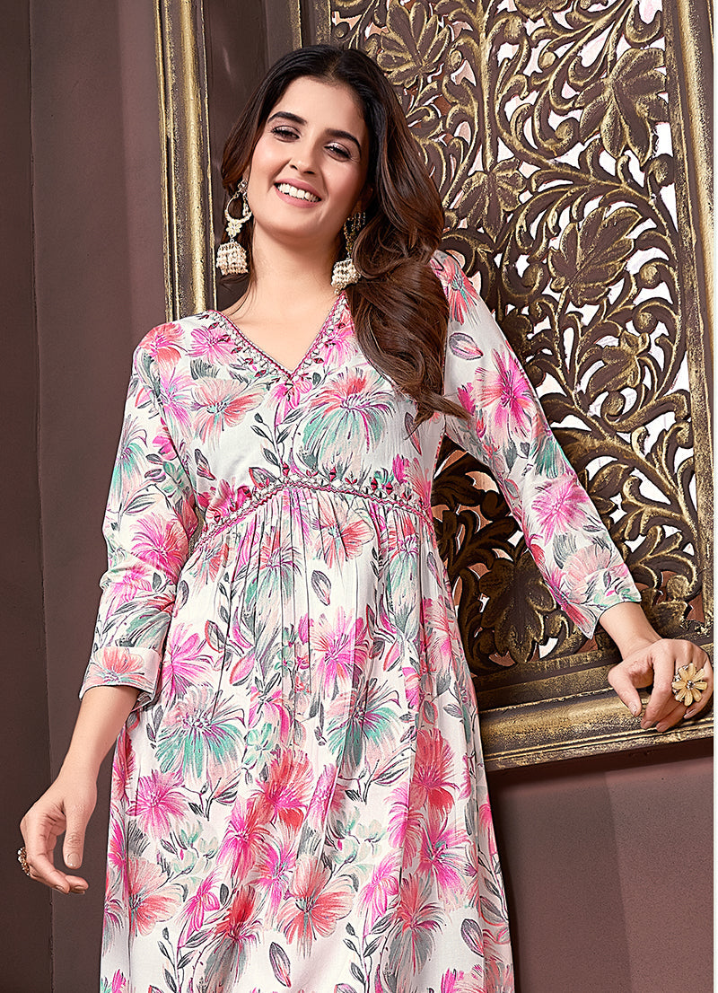 Off White and Pink Rayon Printed Afghani Suit