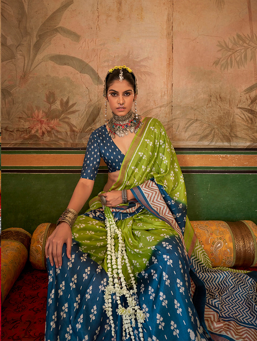 Olive & Blue Mercerized Sigma Silk Printed Saree