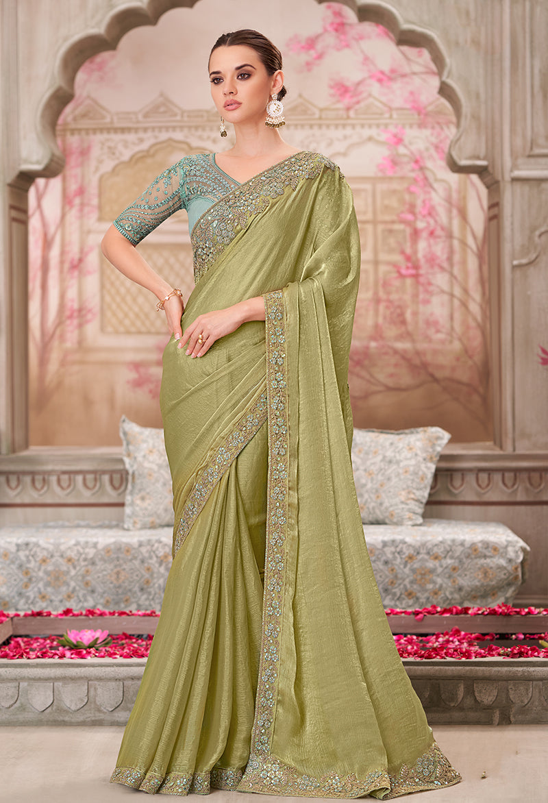 Olive Chiffon Silk Embroidered Work Saree