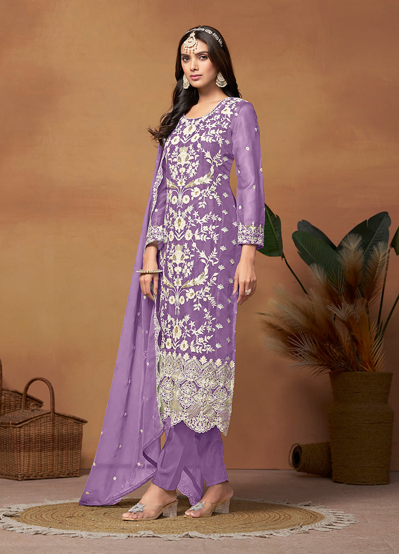 Lavender Soft Organza Embroidered Straight Suit - Monjolika Fashion