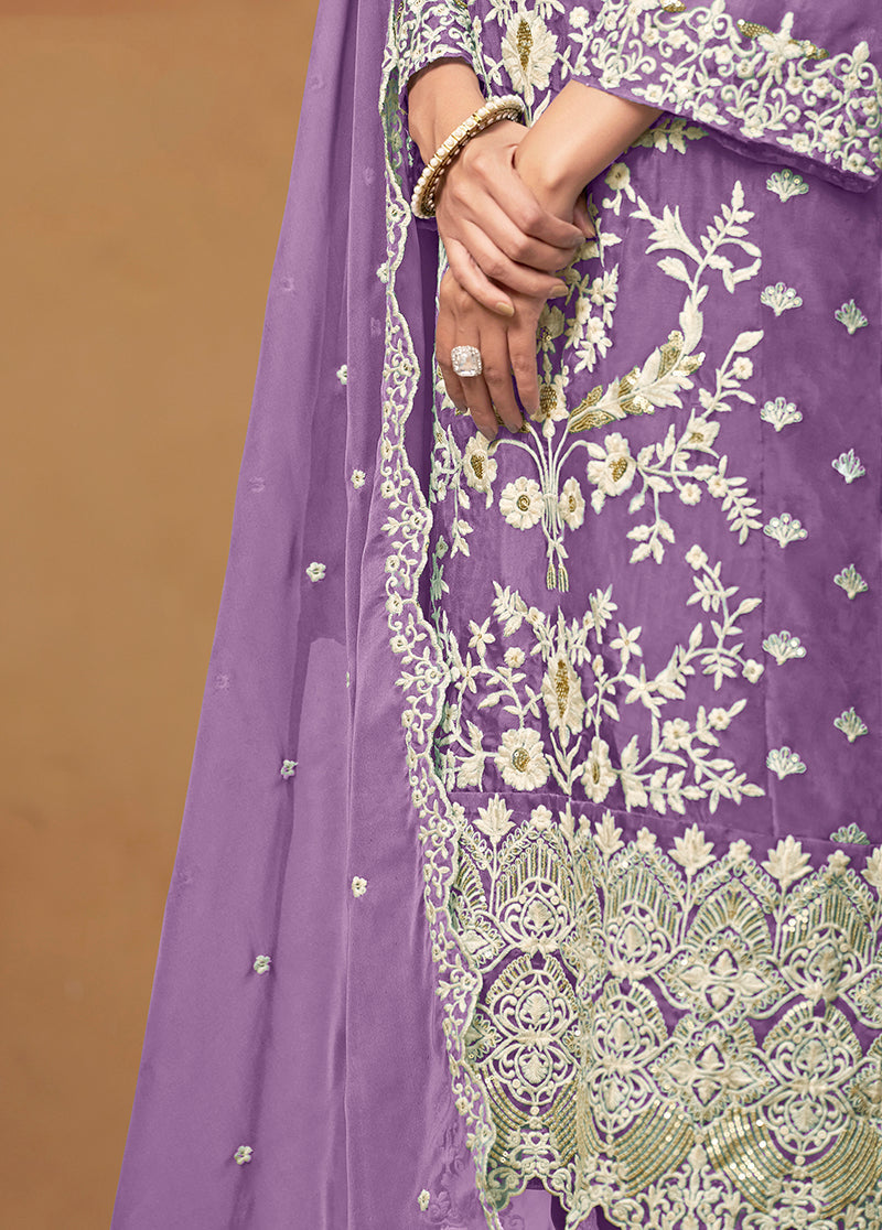 Lavender Soft Organza Embroidered Straight Suit - Monjolika Fashion
