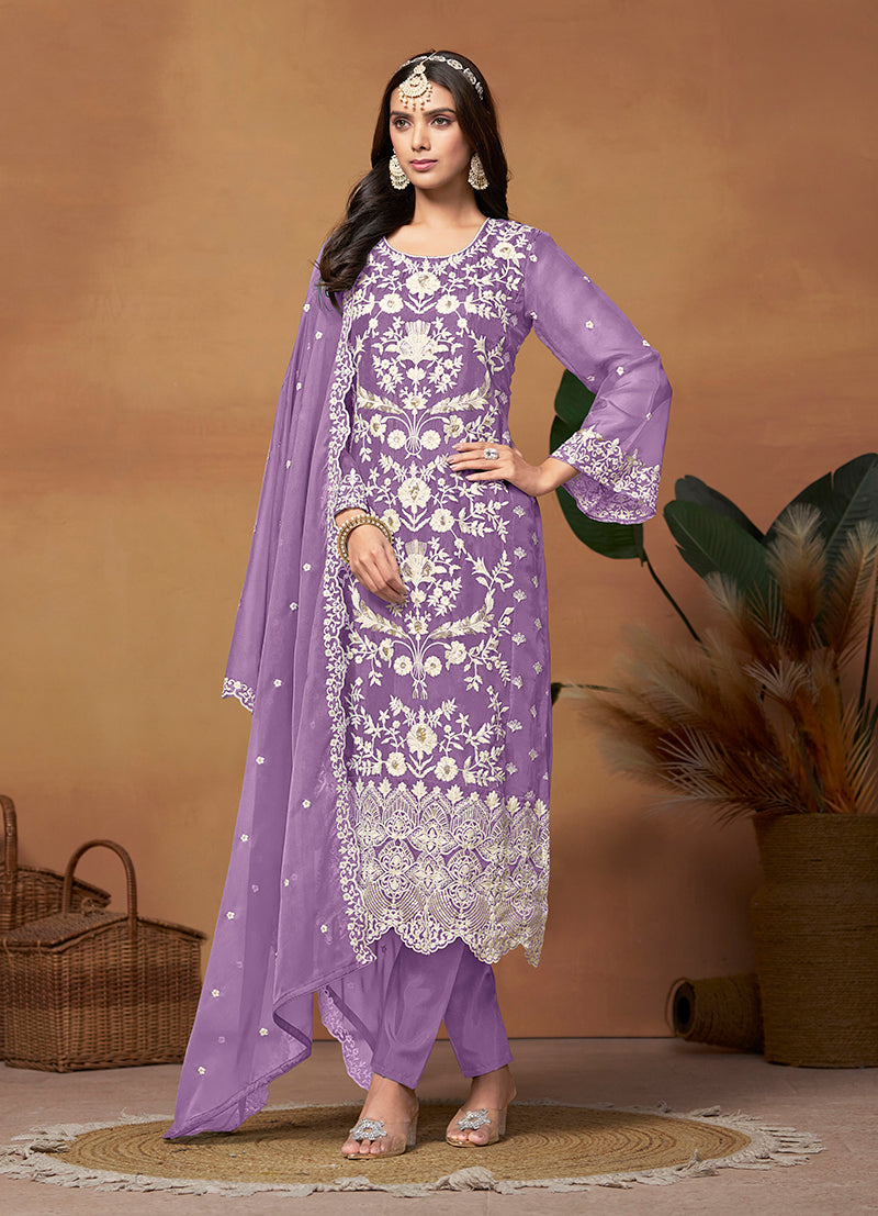 Lavender Soft Organza Embroidered Straight Suit - Monjolika Fashion