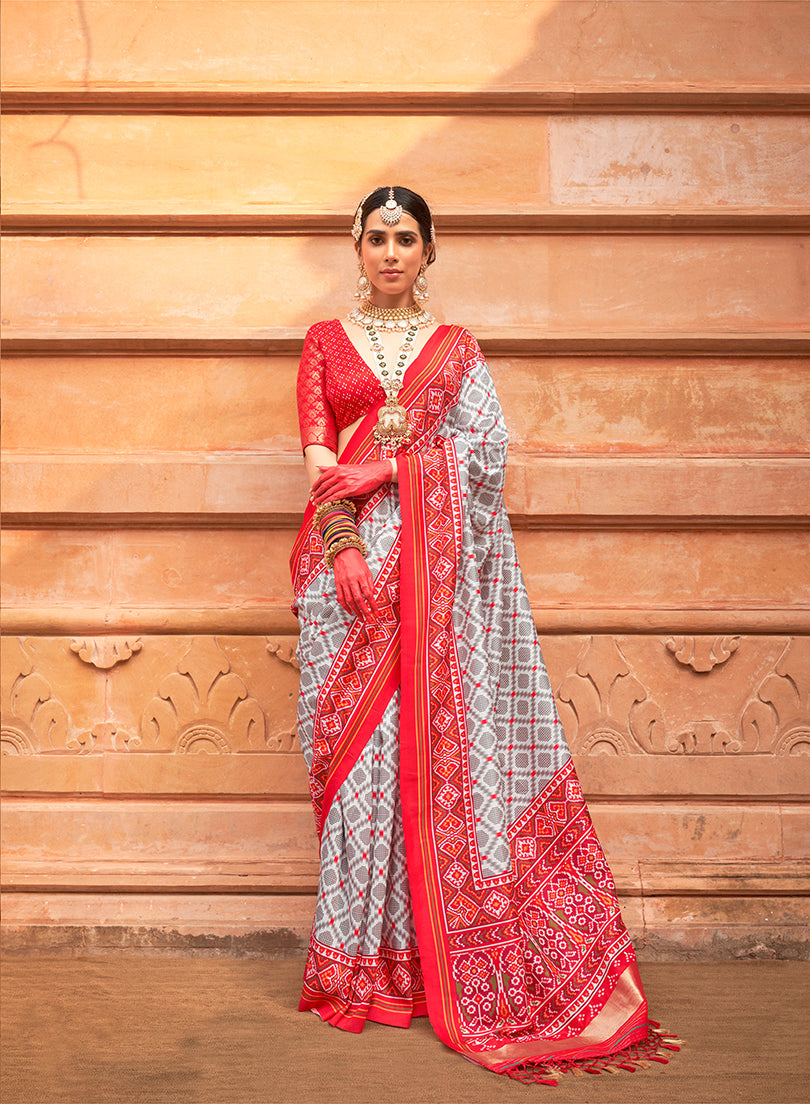 White And Red Silk Patola Print Saree