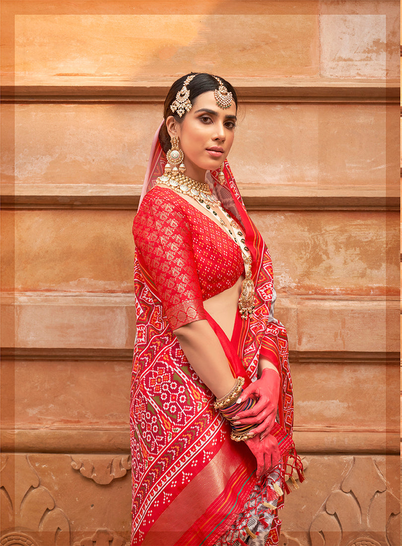 White And Red Silk Patola Print Saree