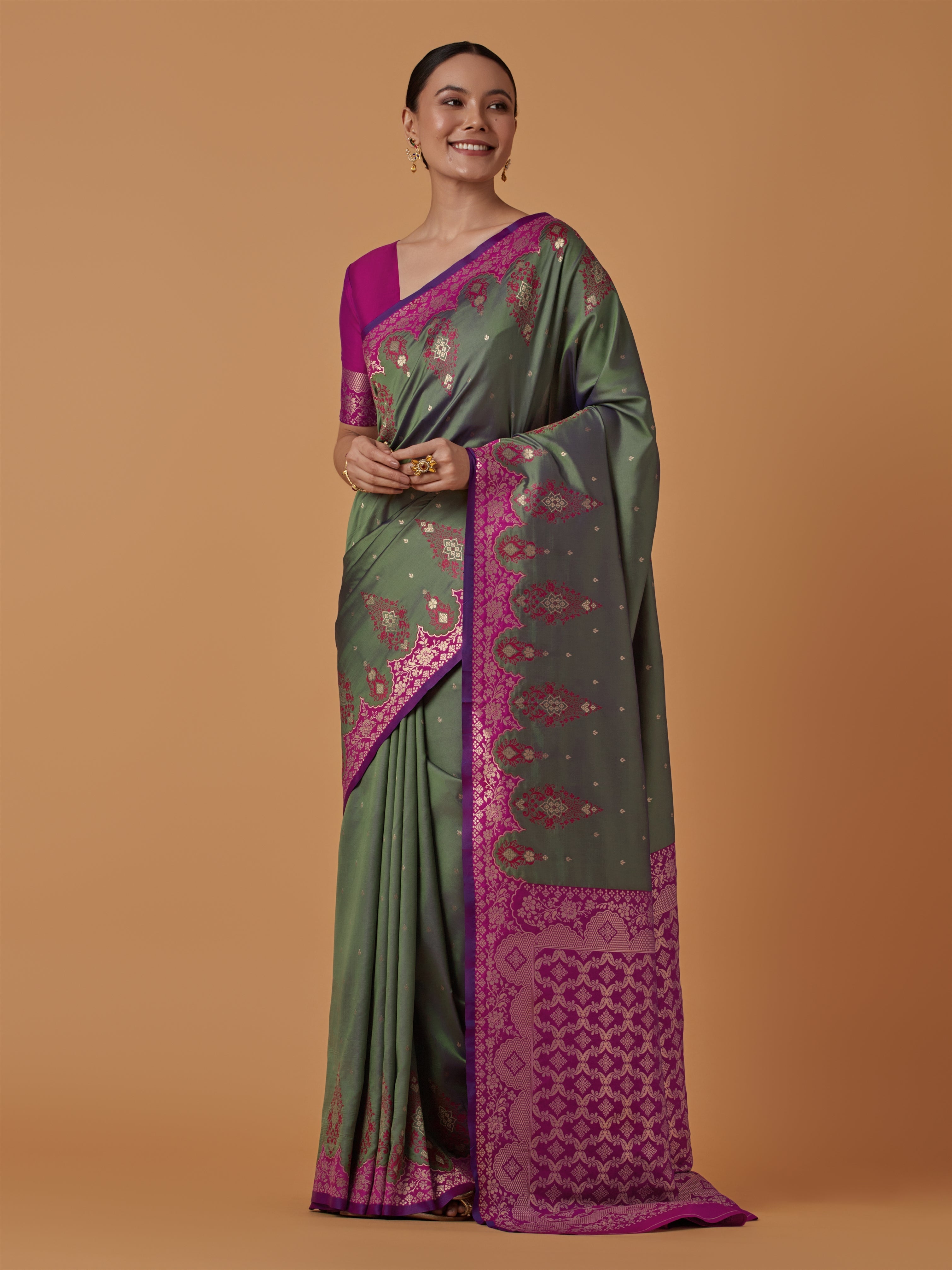 Olive Green Banarasi Silk Blend Zari Woven Contemporary Saree