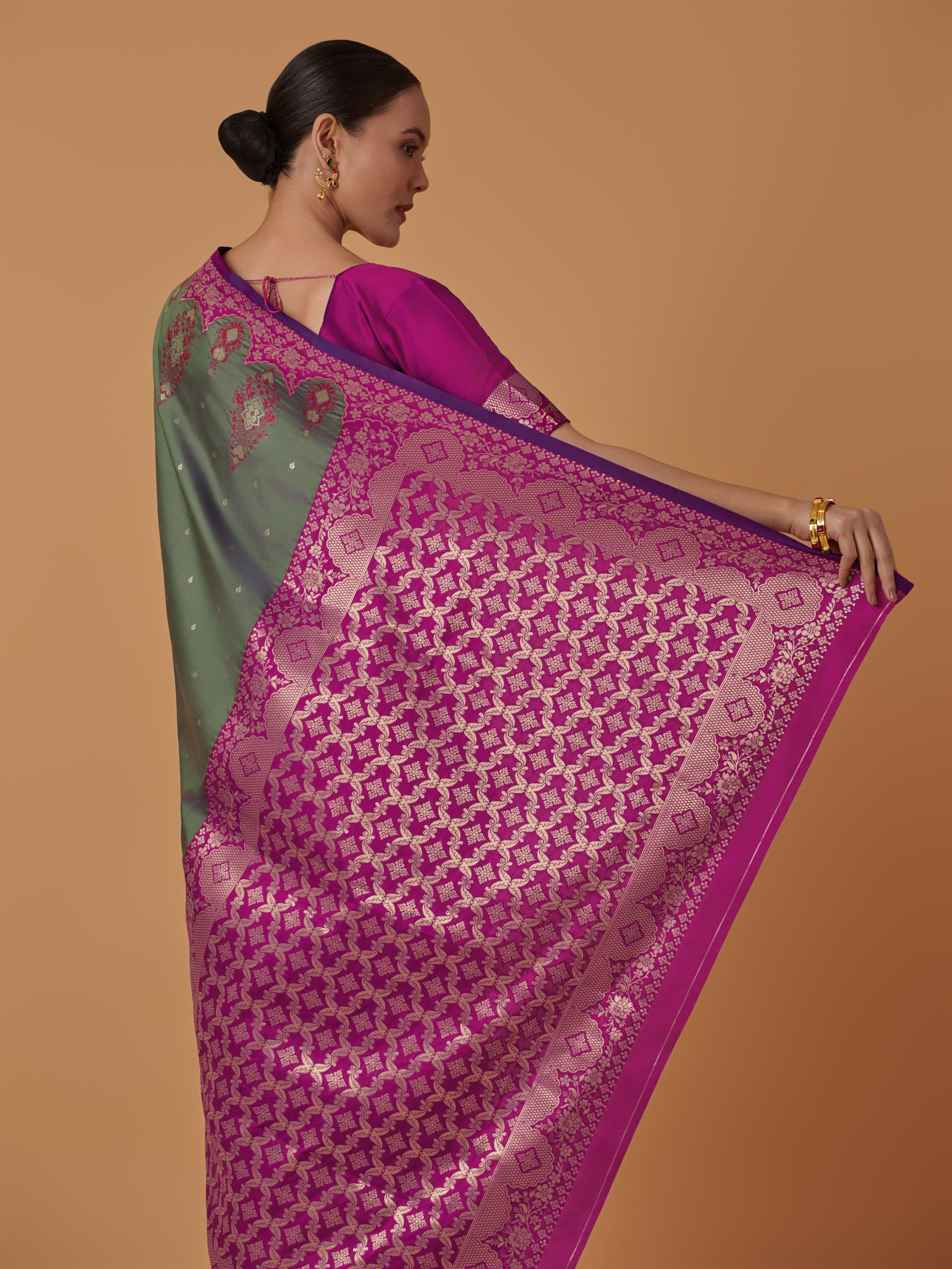 Olive Green Banarasi Silk Blend Zari Woven Contemporary Saree