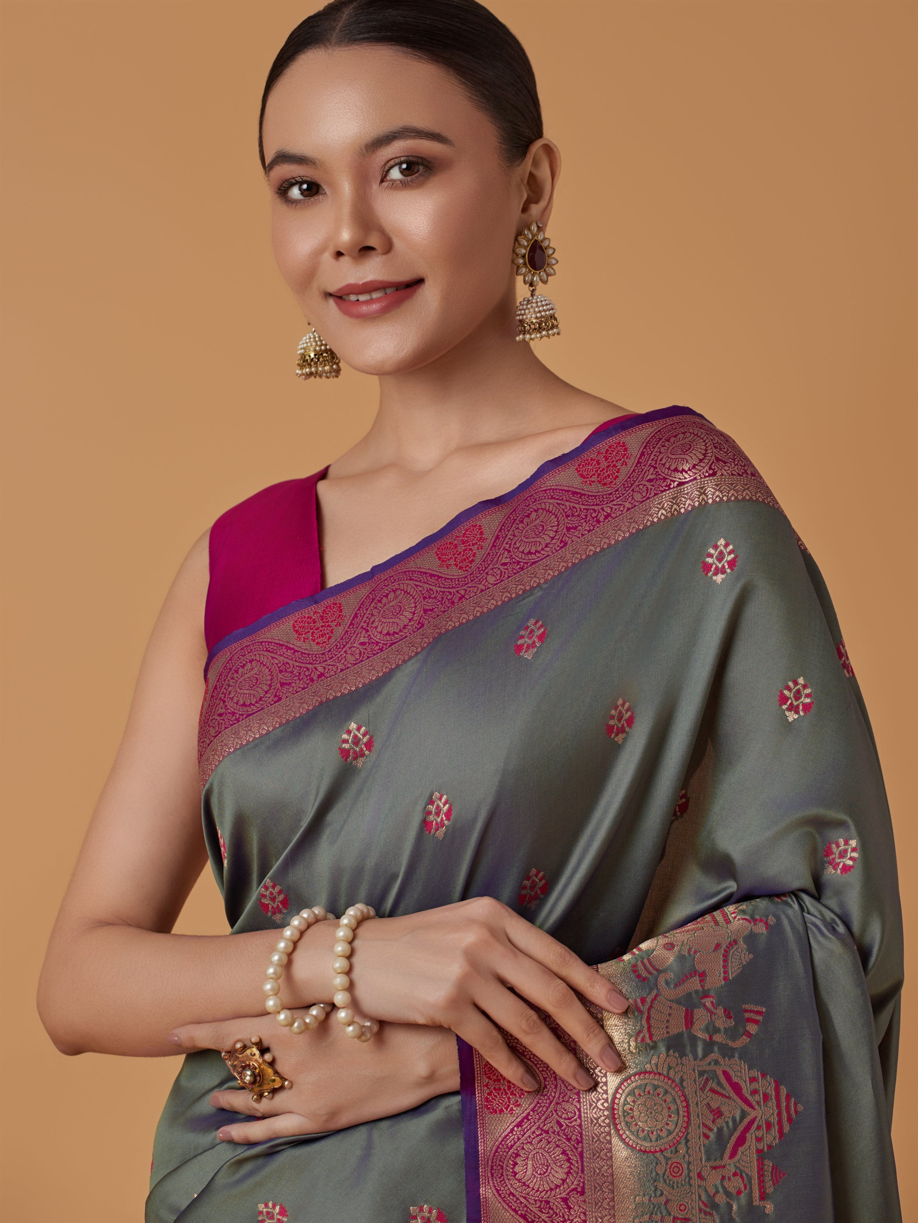 Olive Green Banarasi Silk Dulha Dulhan Zari Woven Saree