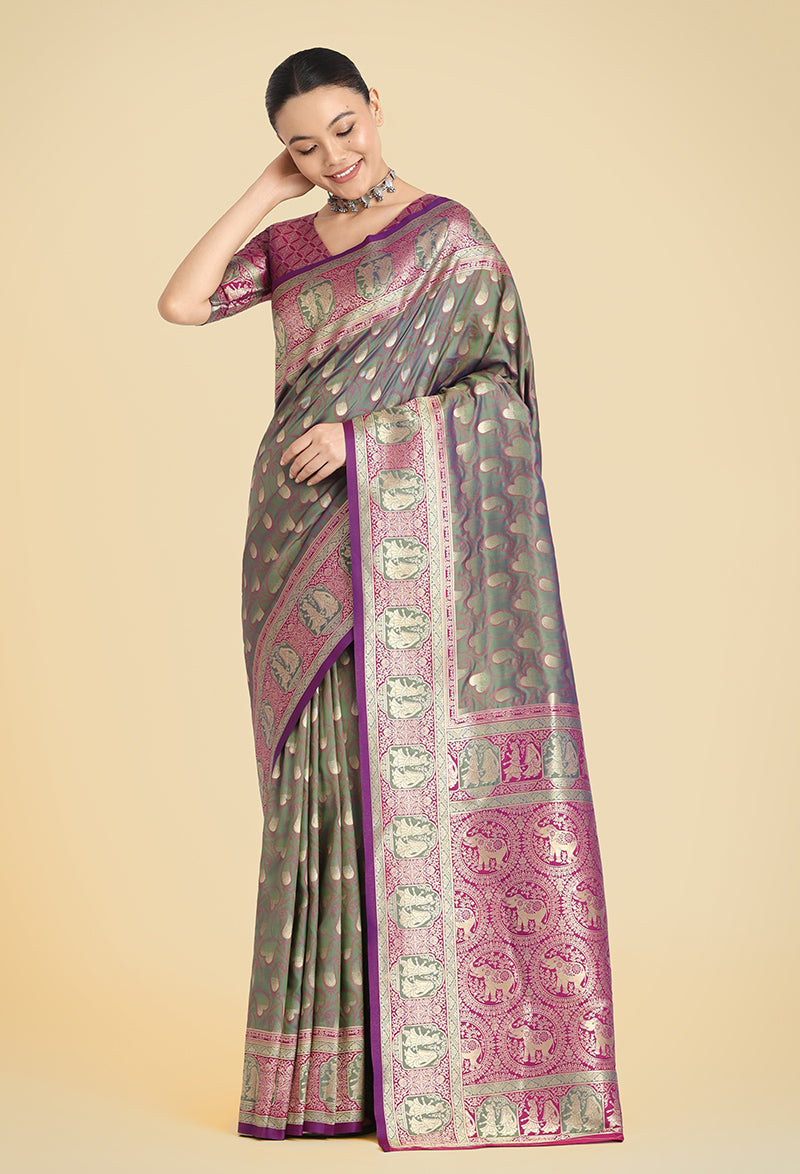 Olive Green Banarasi Silk Weaving Work Traditional Saree