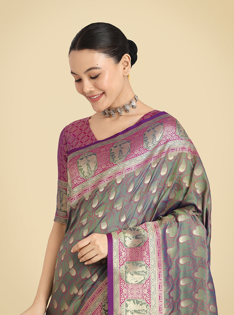 Olive Green Banarasi Silk Weaving Work Traditional Saree