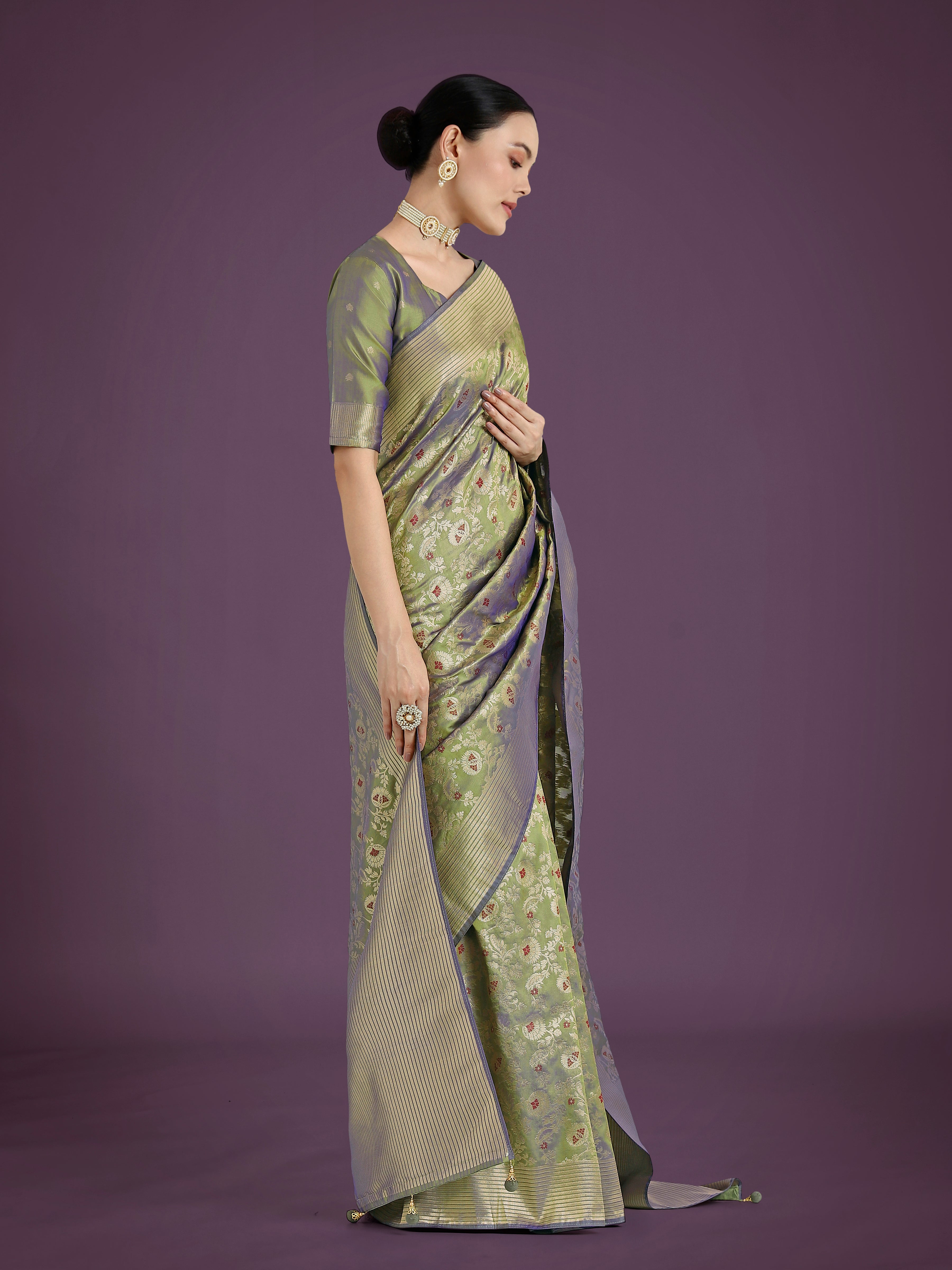 Olive Banarasi Silk Zaal Woven Pattern Traditional Saree