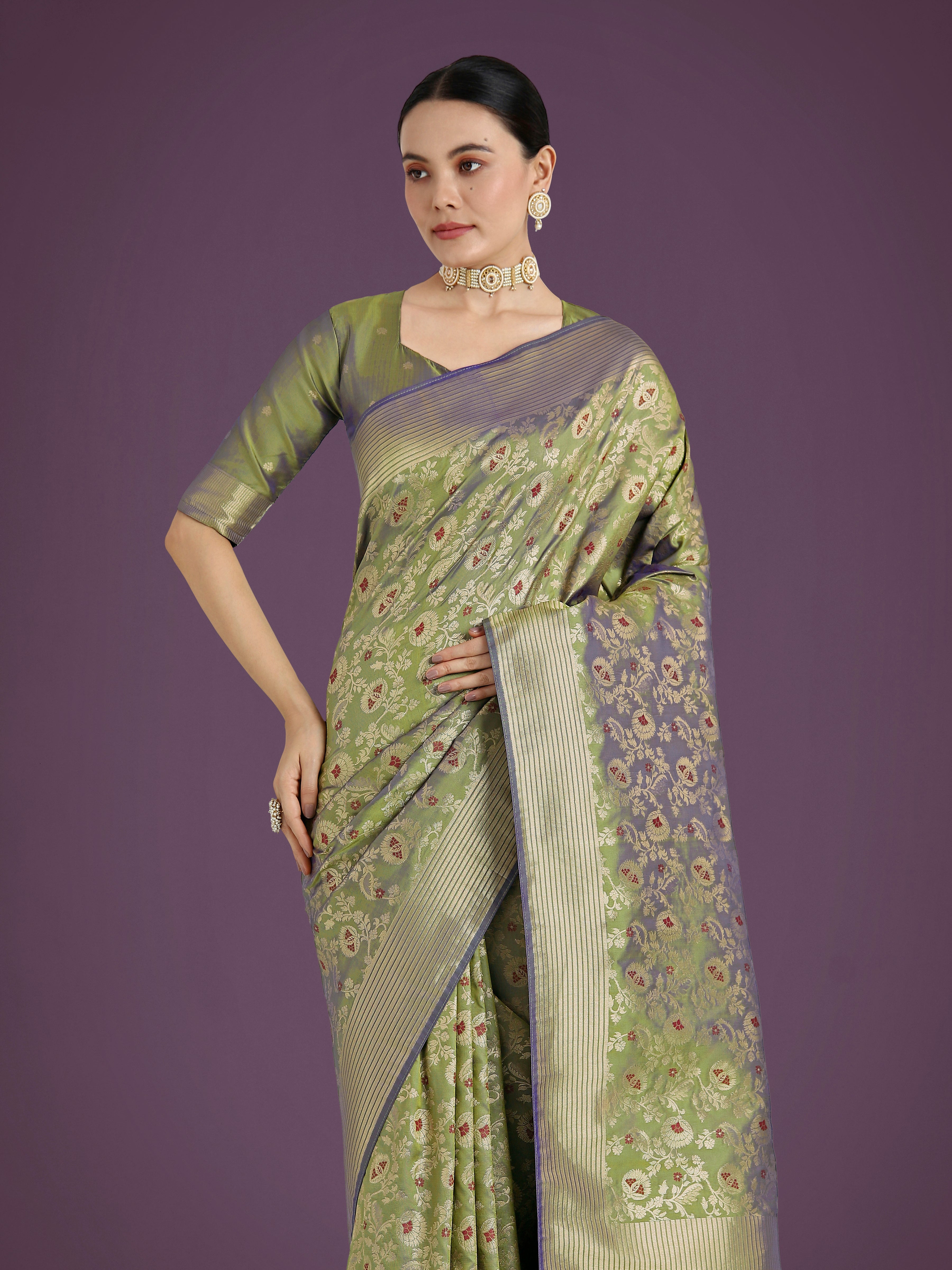 Olive Banarasi Silk Zaal Woven Pattern Traditional Saree
