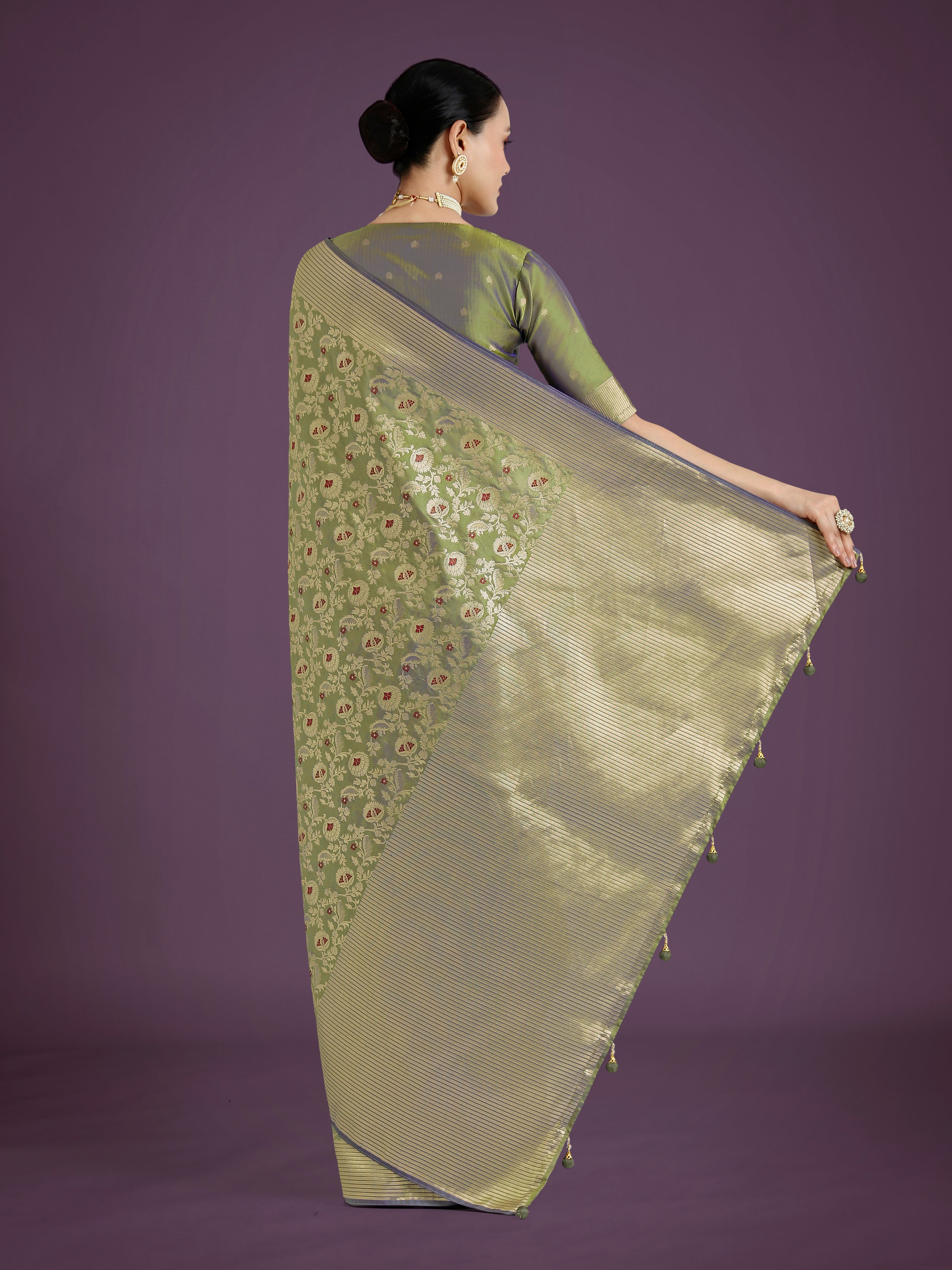 Olive Banarasi Silk Zaal Woven Pattern Traditional Saree