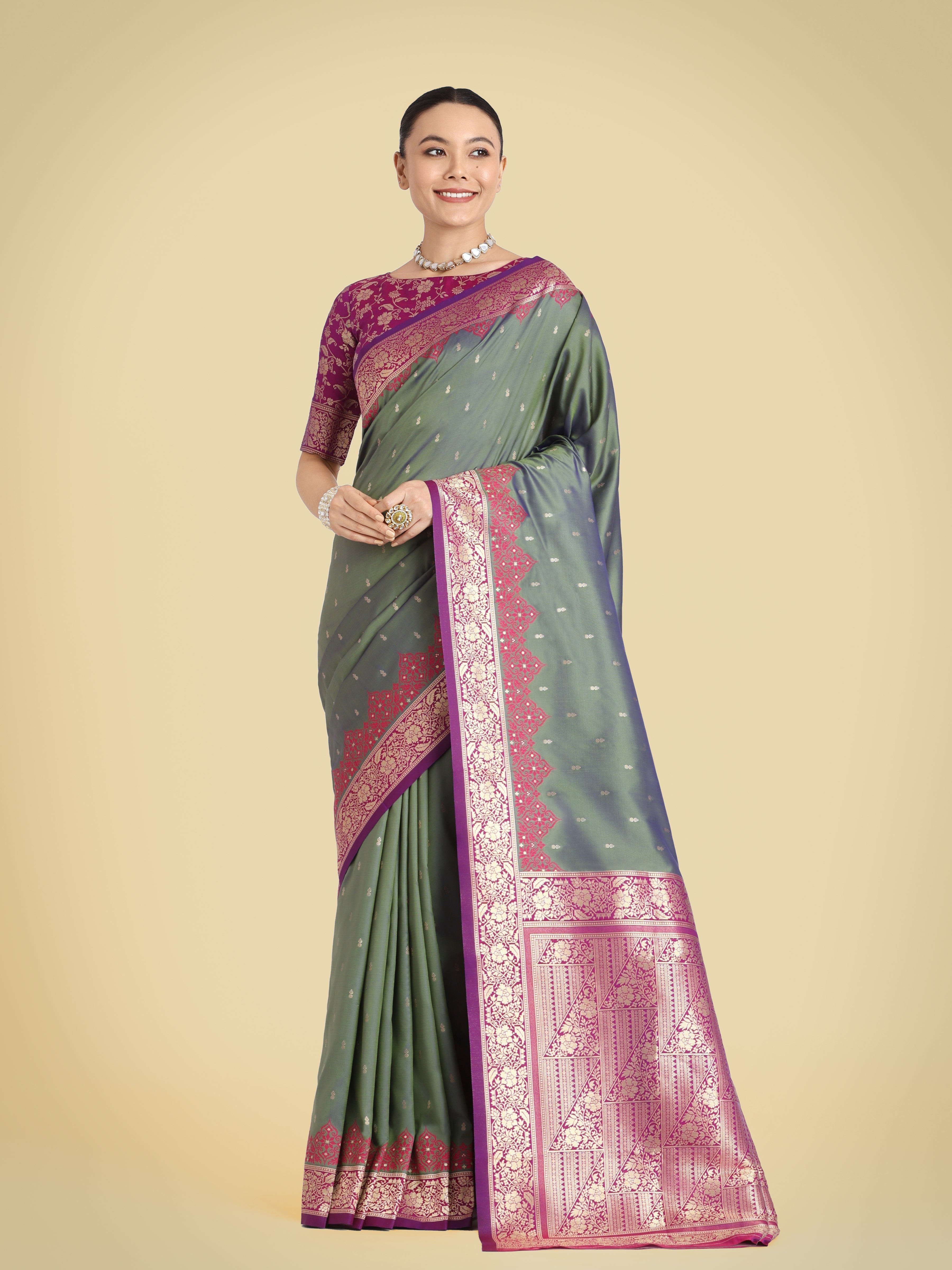 Olive Green Banarasi Soft Silk Butti & Zari Weave Tradition Saree