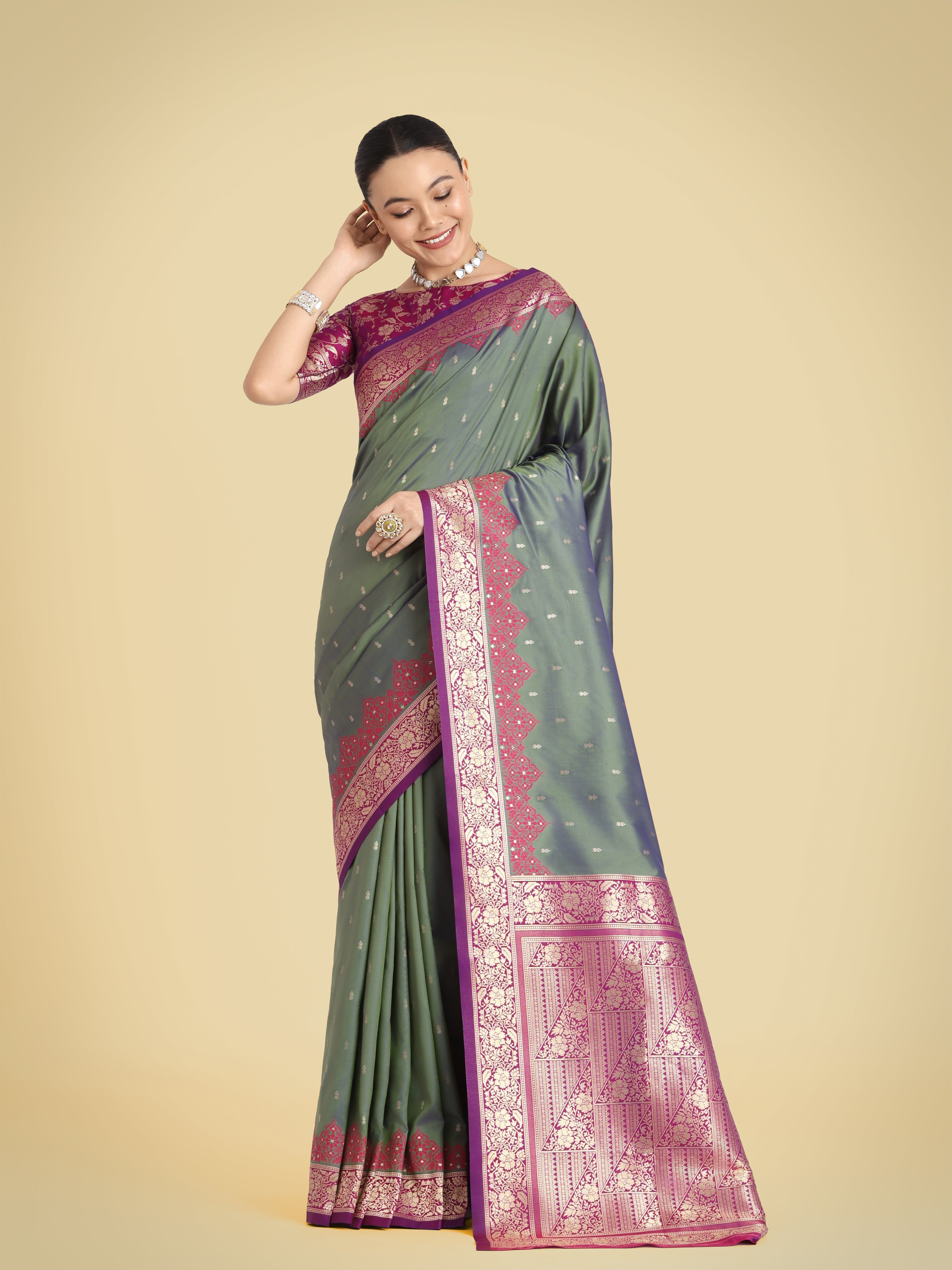 Olive Green Banarasi Soft Silk Butti & Zari Weave Tradition Saree