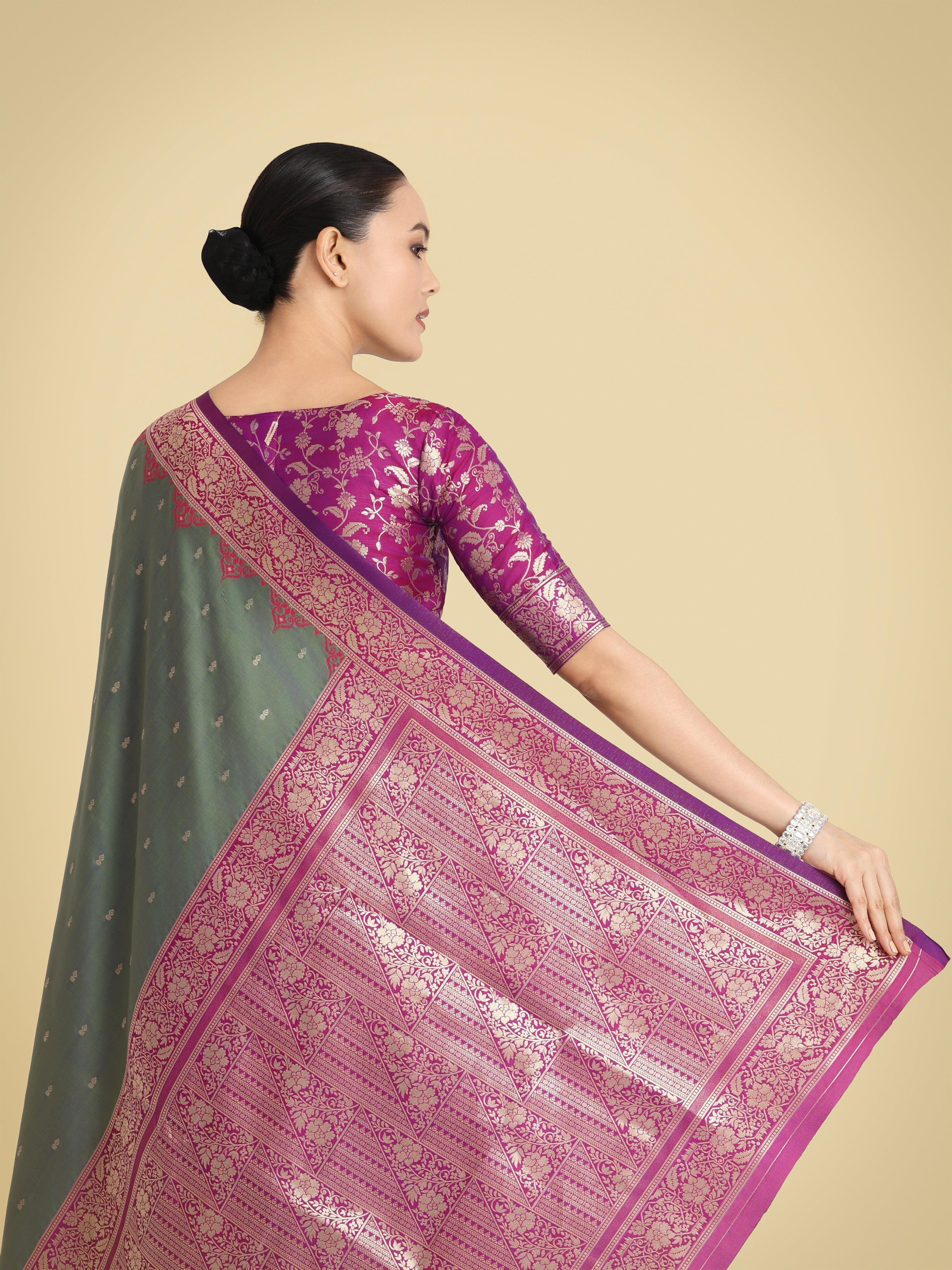 Olive Green Banarasi Soft Silk Butti & Zari Weave Tradition Saree