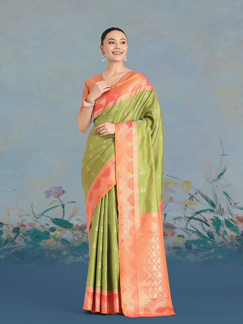 Olive green Banarasi Weaving Tissue Silk Indian Wear Saree