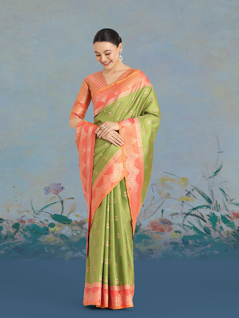 Olive green Banarasi Weaving Tissue Silk Indian Wear Saree