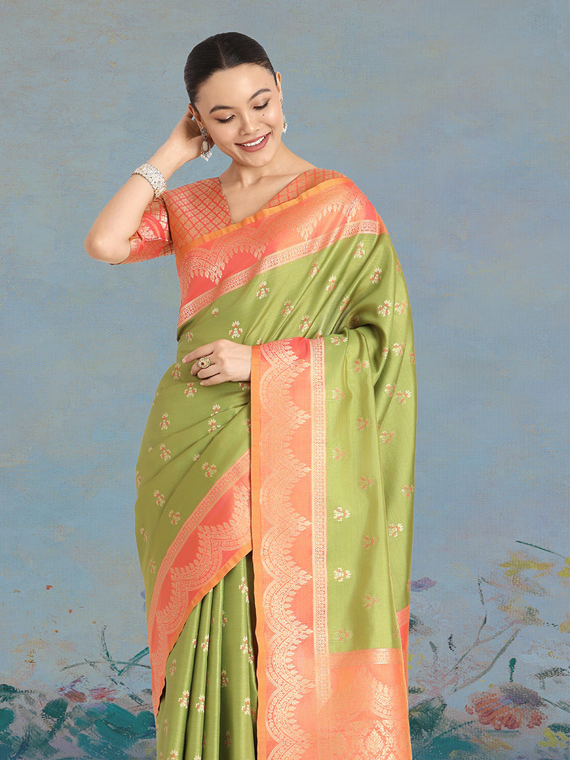 Olive green Banarasi Weaving Tissue Silk Indian Wear Saree