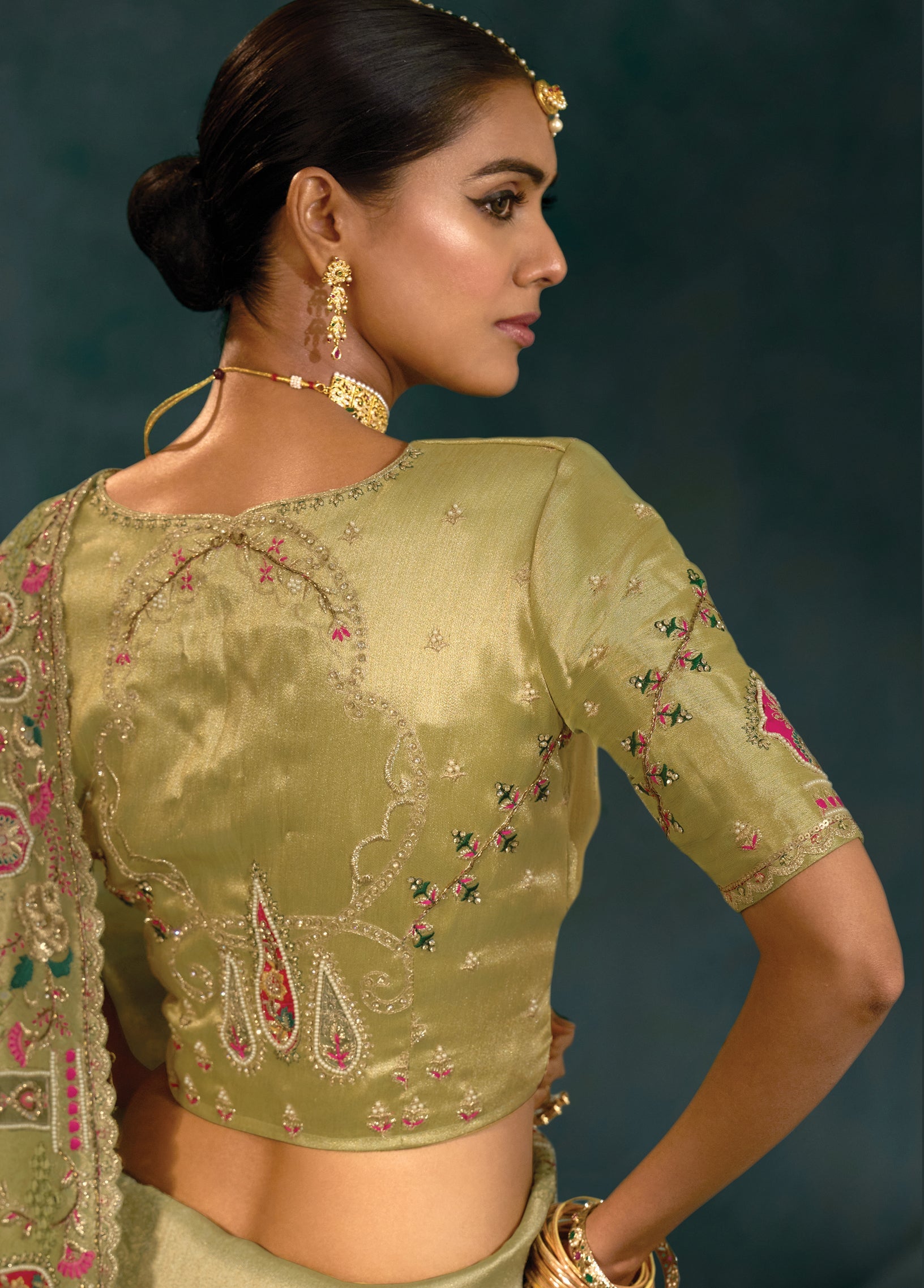Olive Green Color Silk Blend Beautifull Border Saree With Cutdana Moti Zarkan Heavy Work
