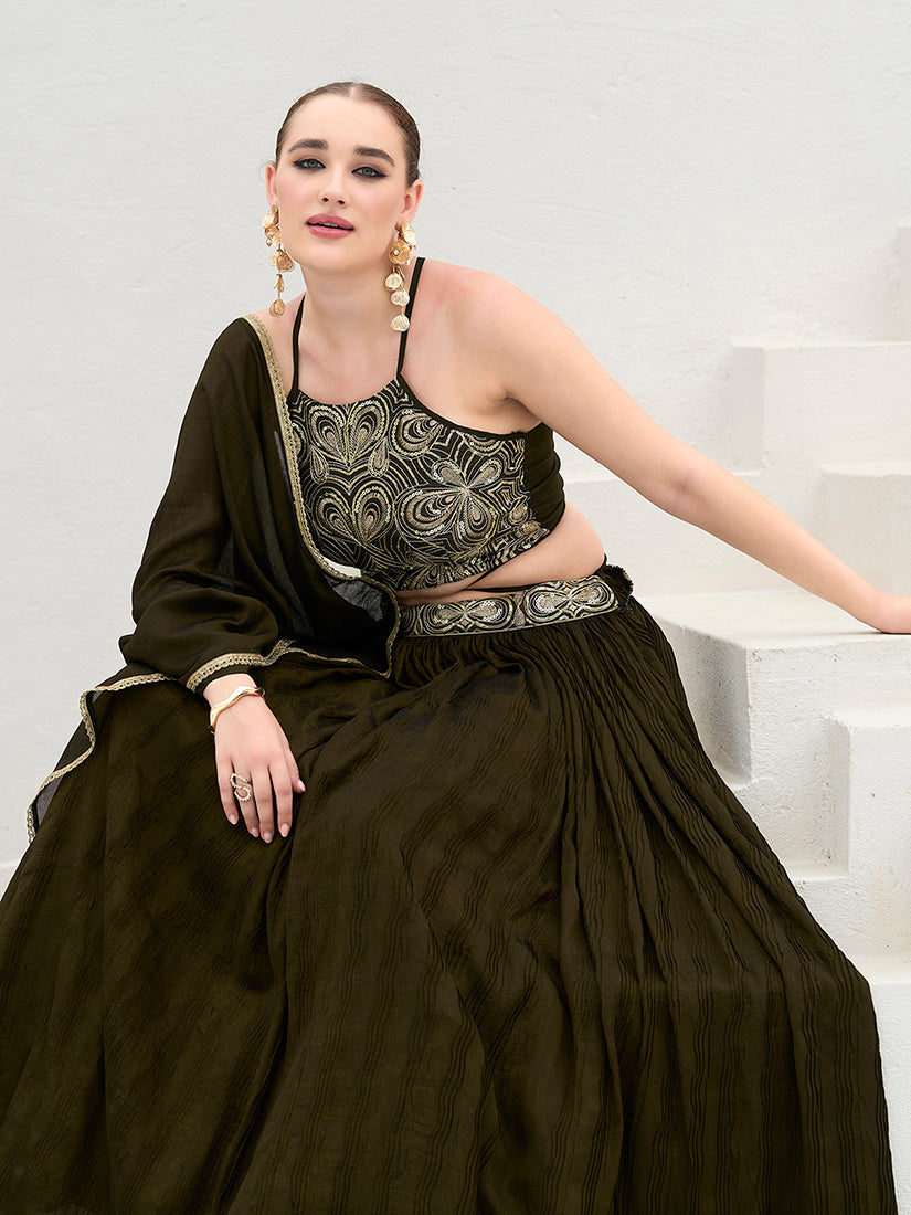 Olive Green Festive Look with Silk Crush Lehenga Choli