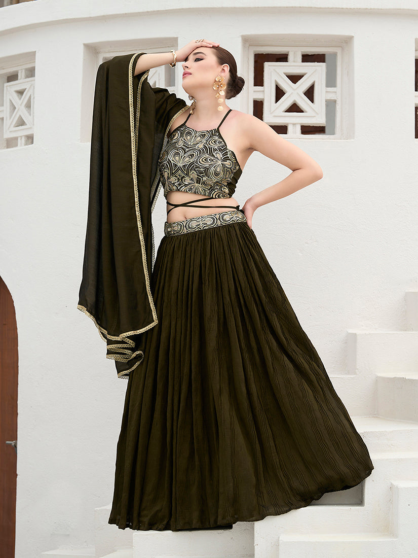 Olive Green Festive Look with Silk Crush Lehenga Choli