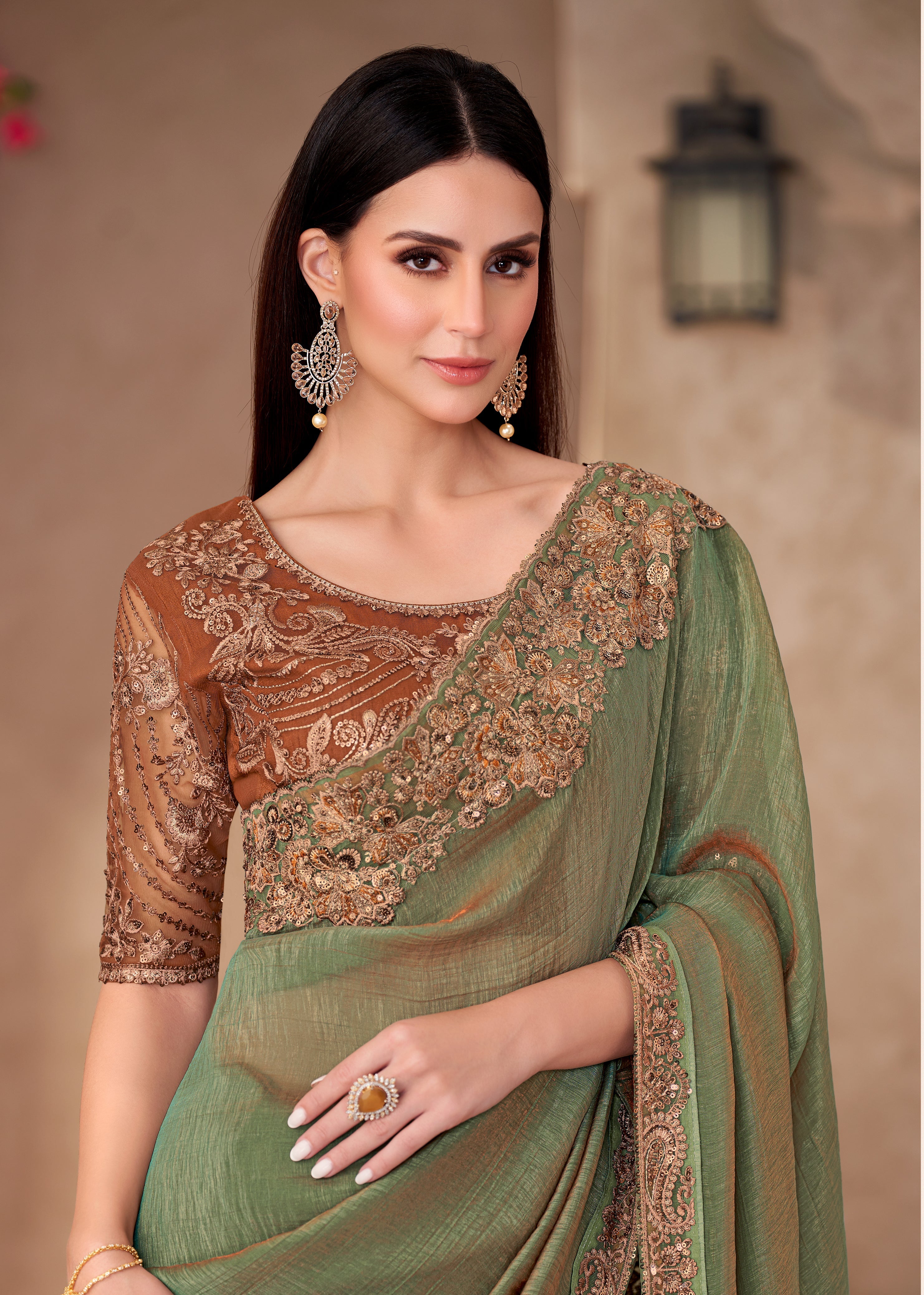 Olive Green Georgette Border Work Mehendi Wear Saree With Blouse
