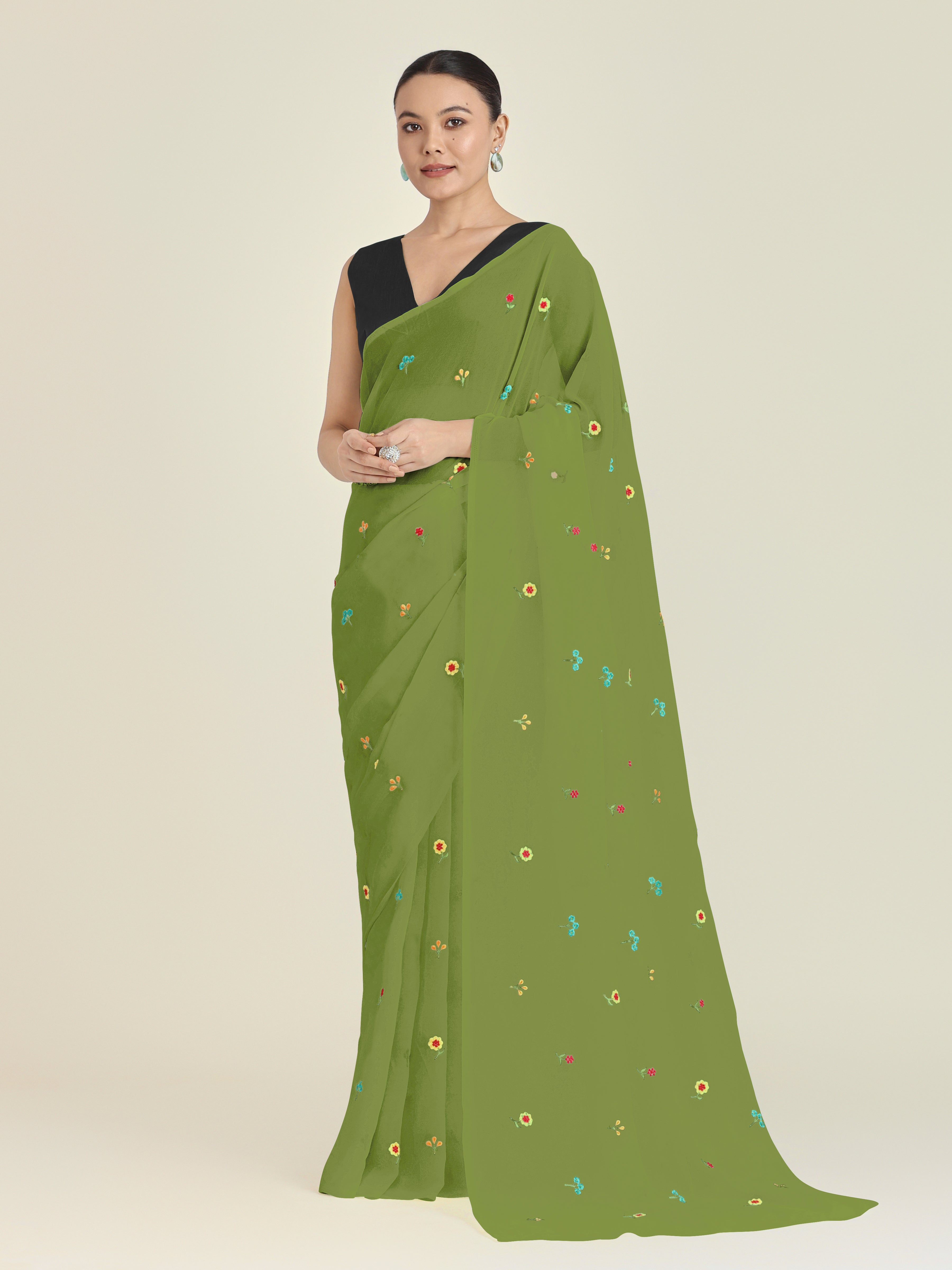 Olive Green Georgette Embroidered Work Causal Saree