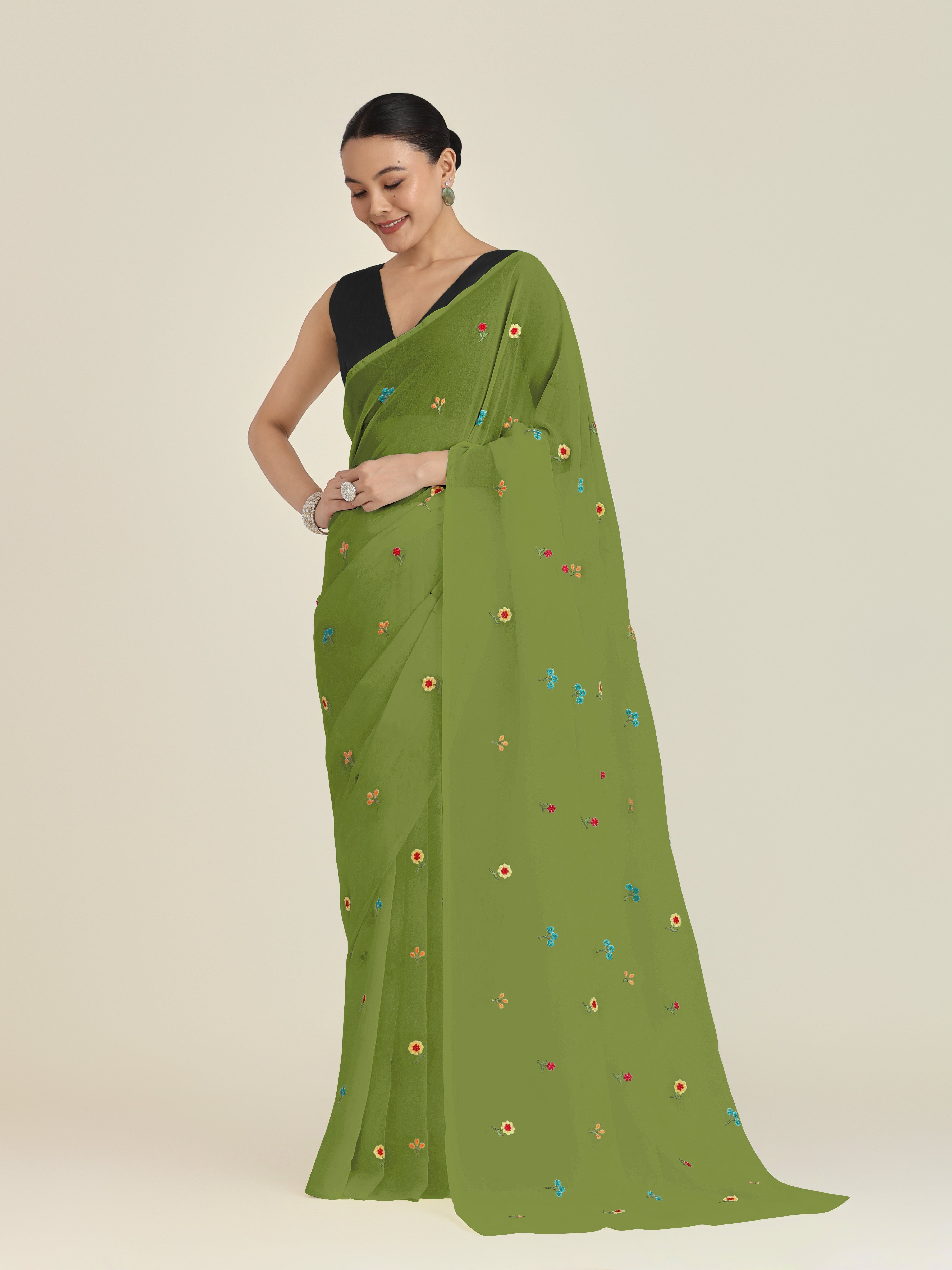 Olive Green Georgette Embroidered Work Causal Saree