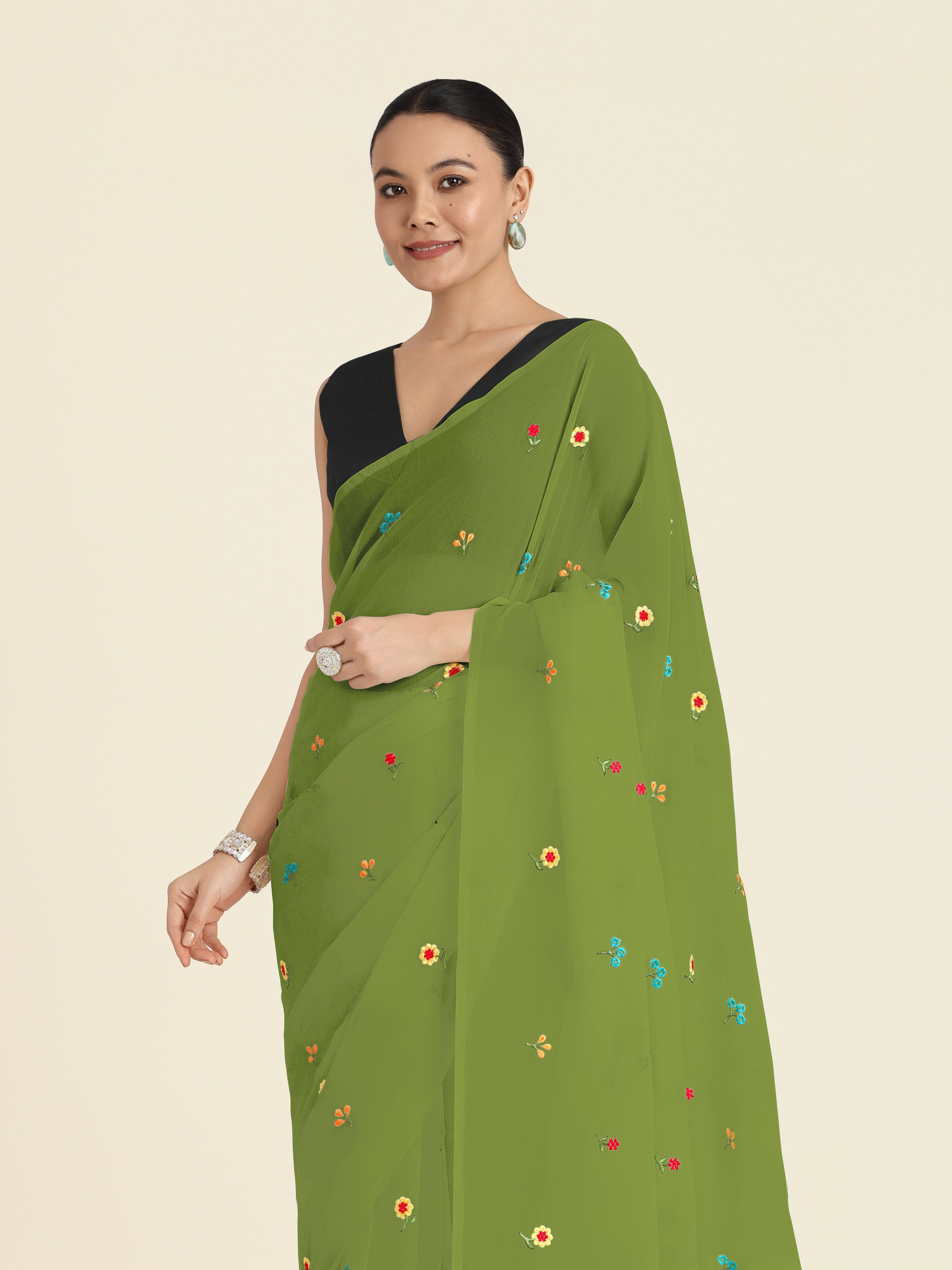 Olive Green Georgette Embroidered Work Causal Saree