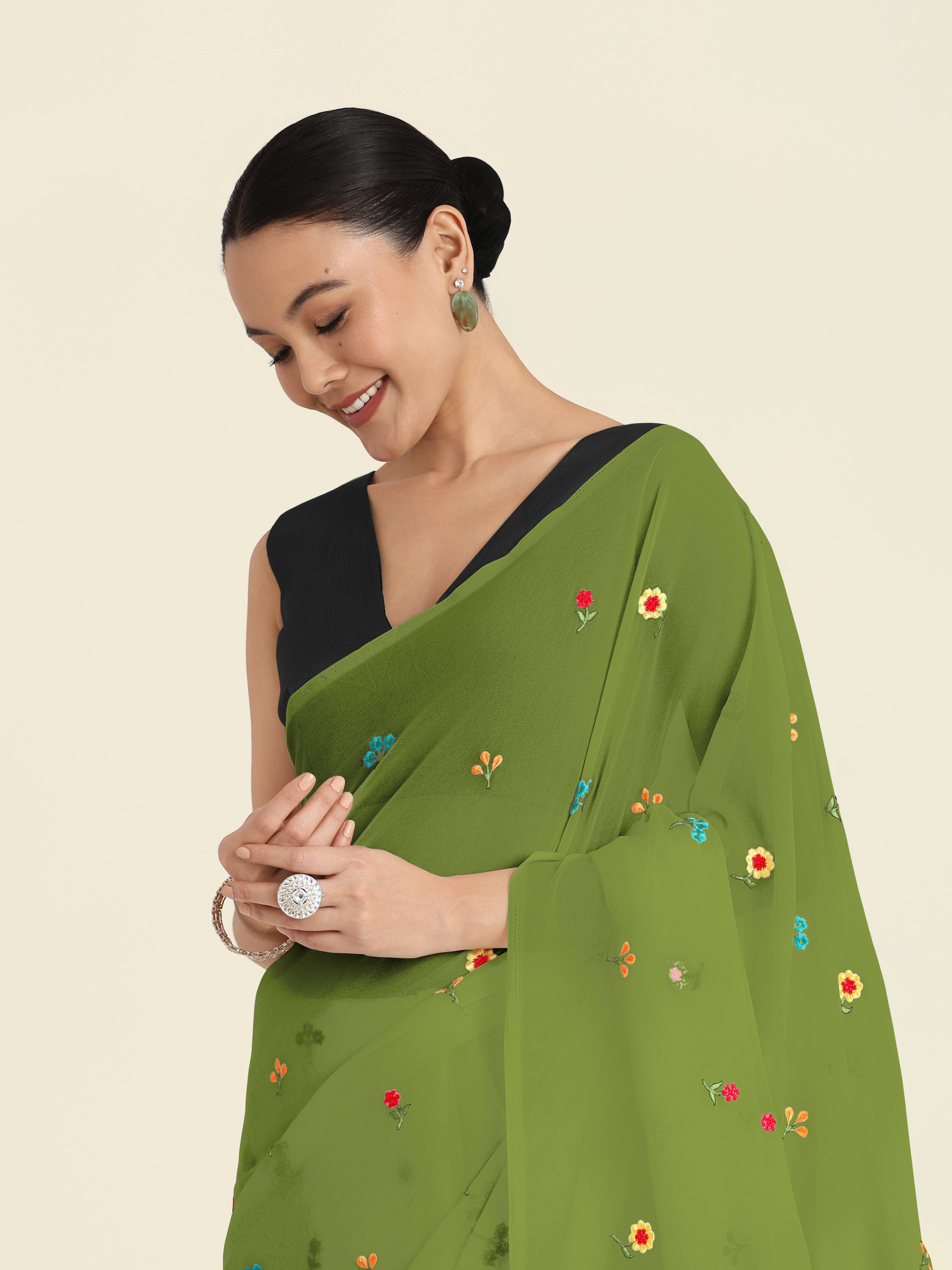 Olive Green Georgette Embroidered Work Causal Saree