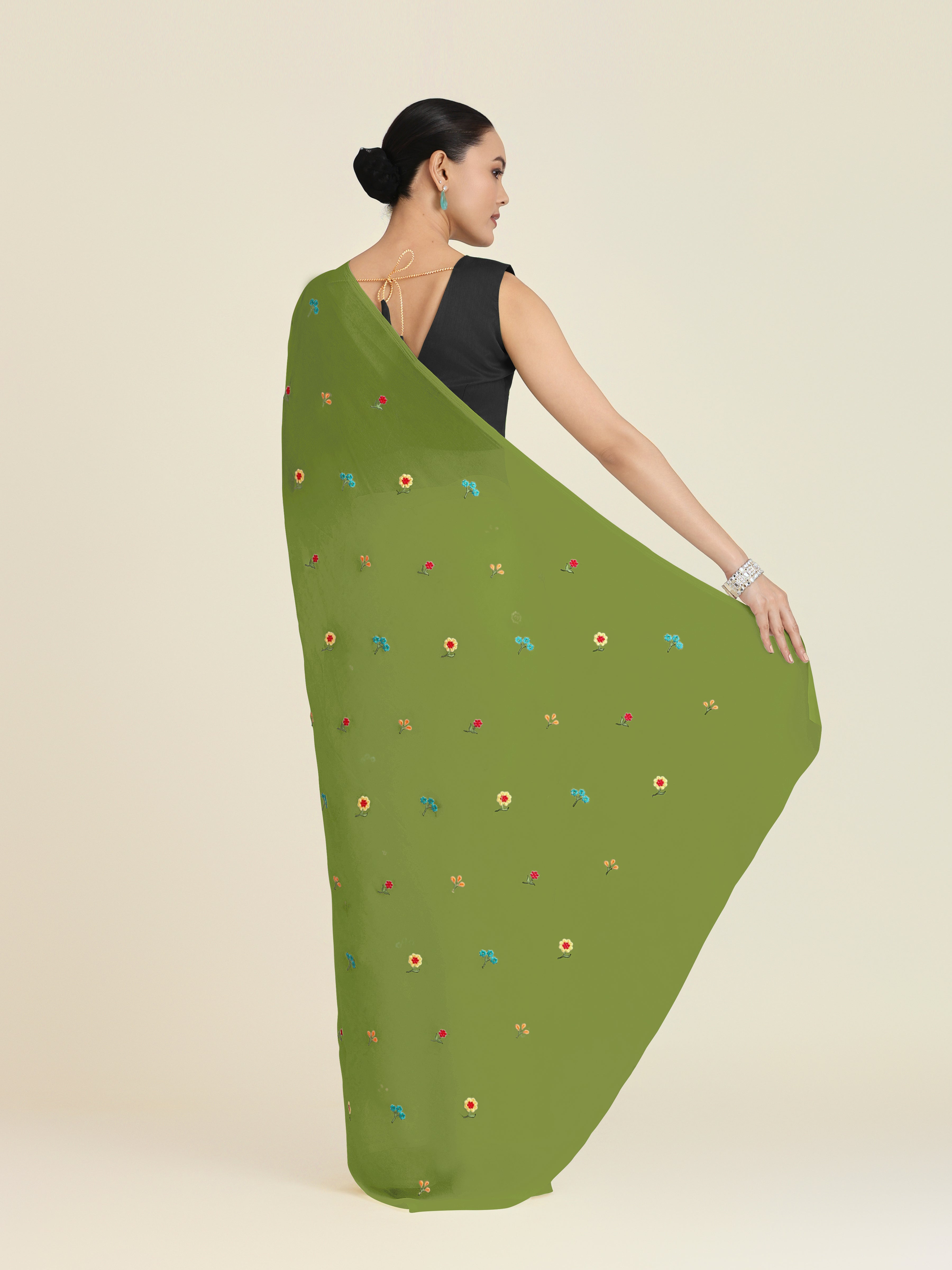 Olive Green Georgette Embroidered Work Causal Saree