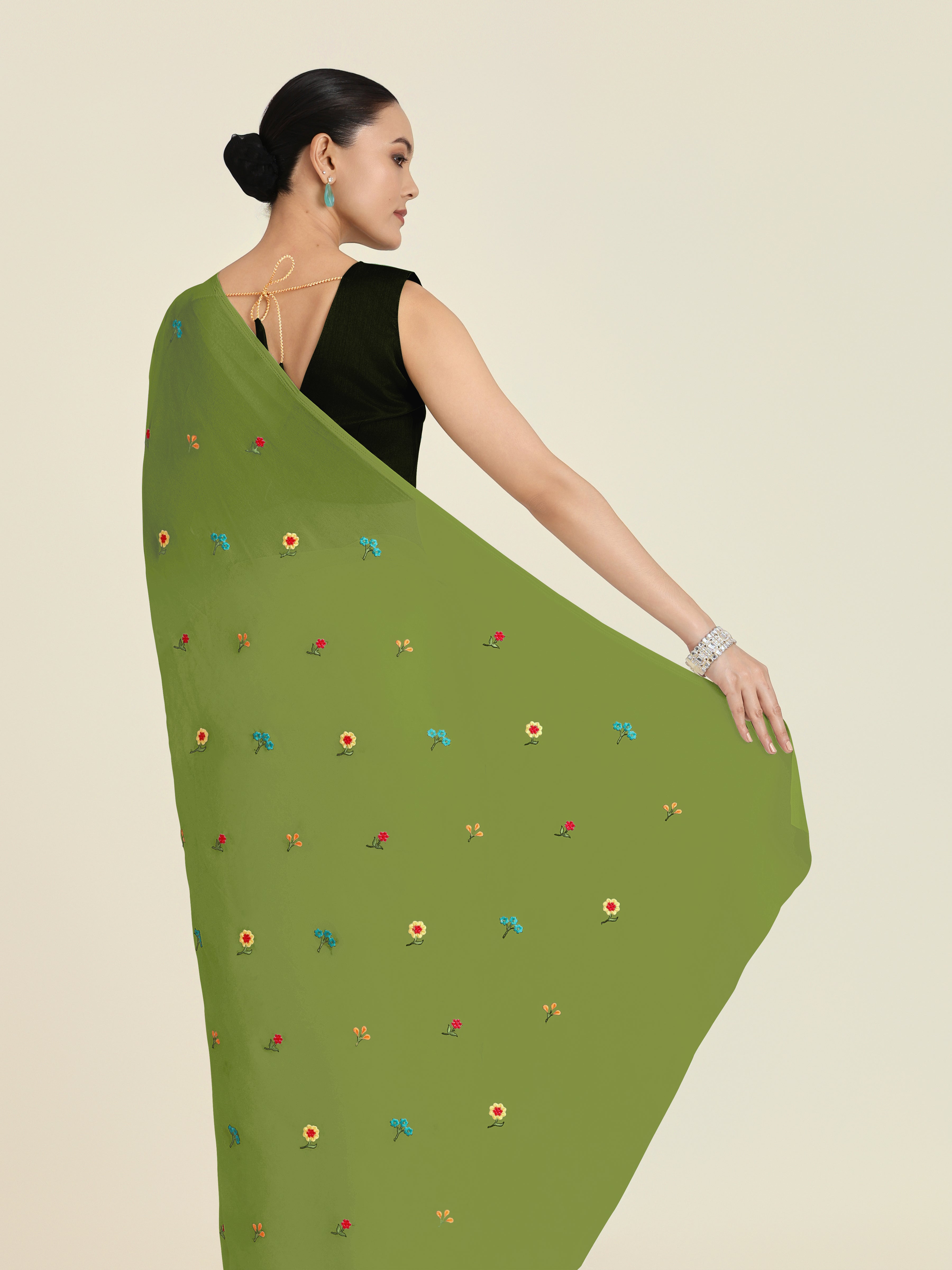 Olive Green Georgette Embroidered Work Causal Saree