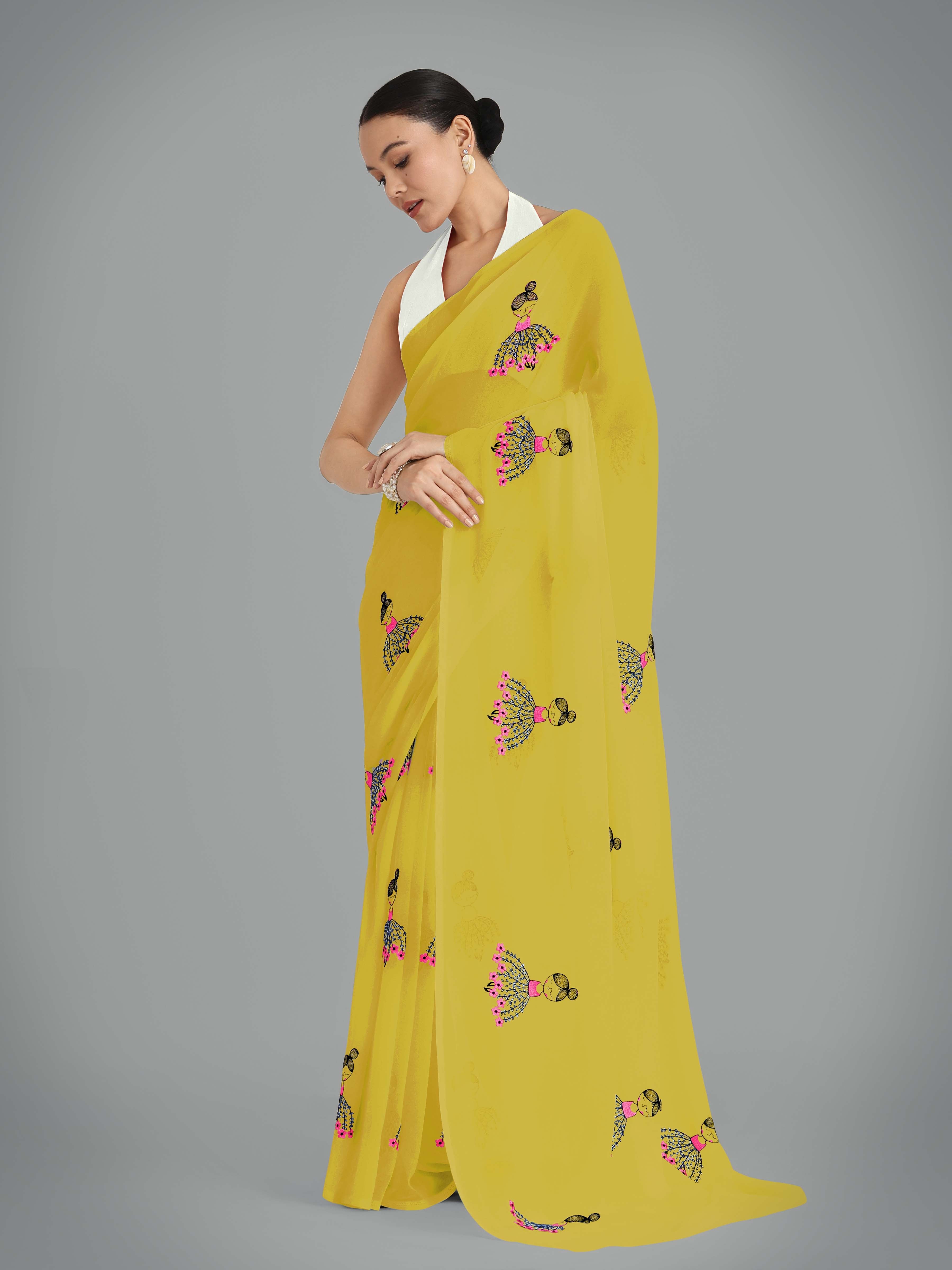 Olive Green Georgette Embroidered Work Party Wear Saree