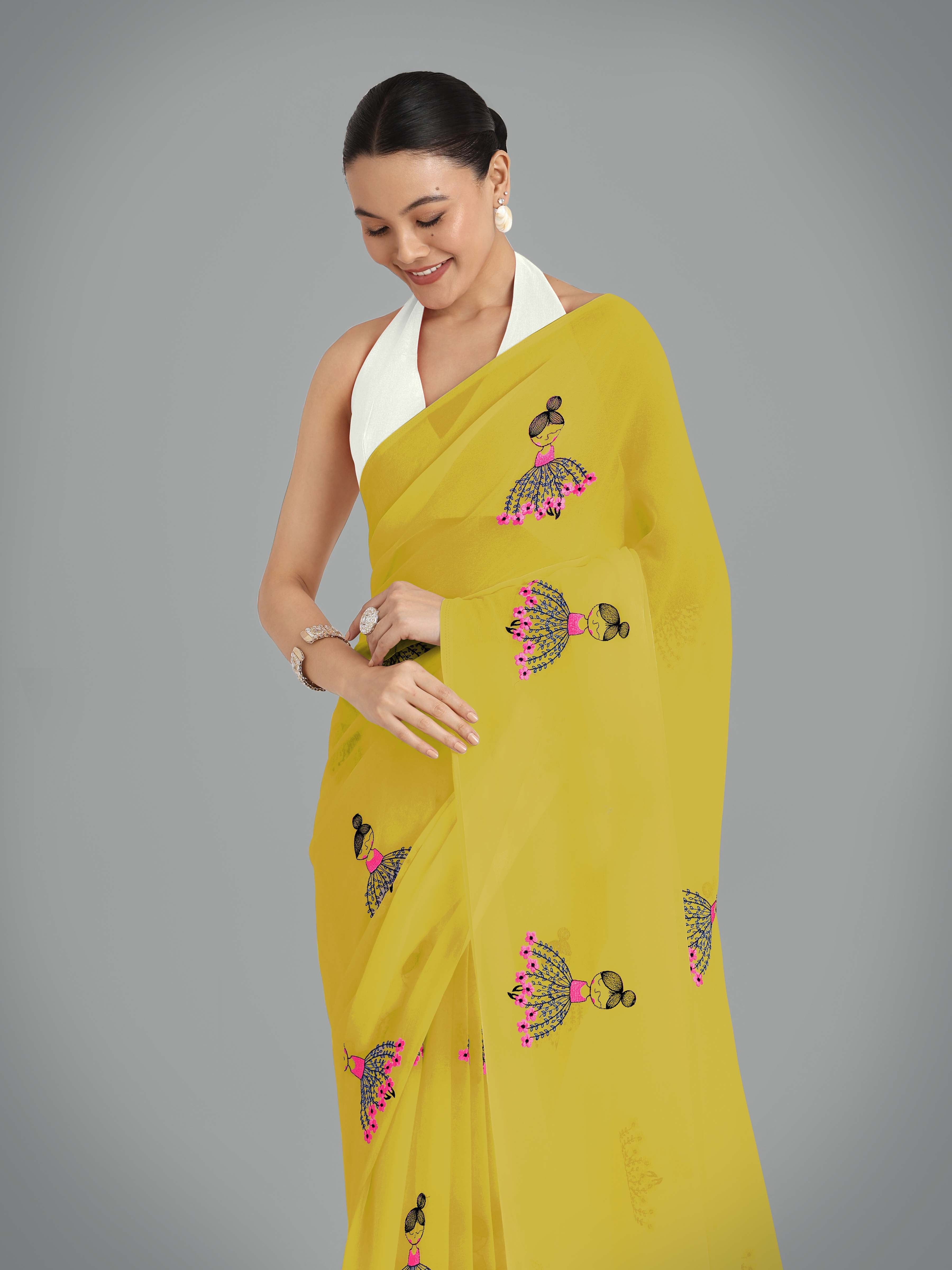 Olive Green Georgette Embroidered Work Party Wear Saree