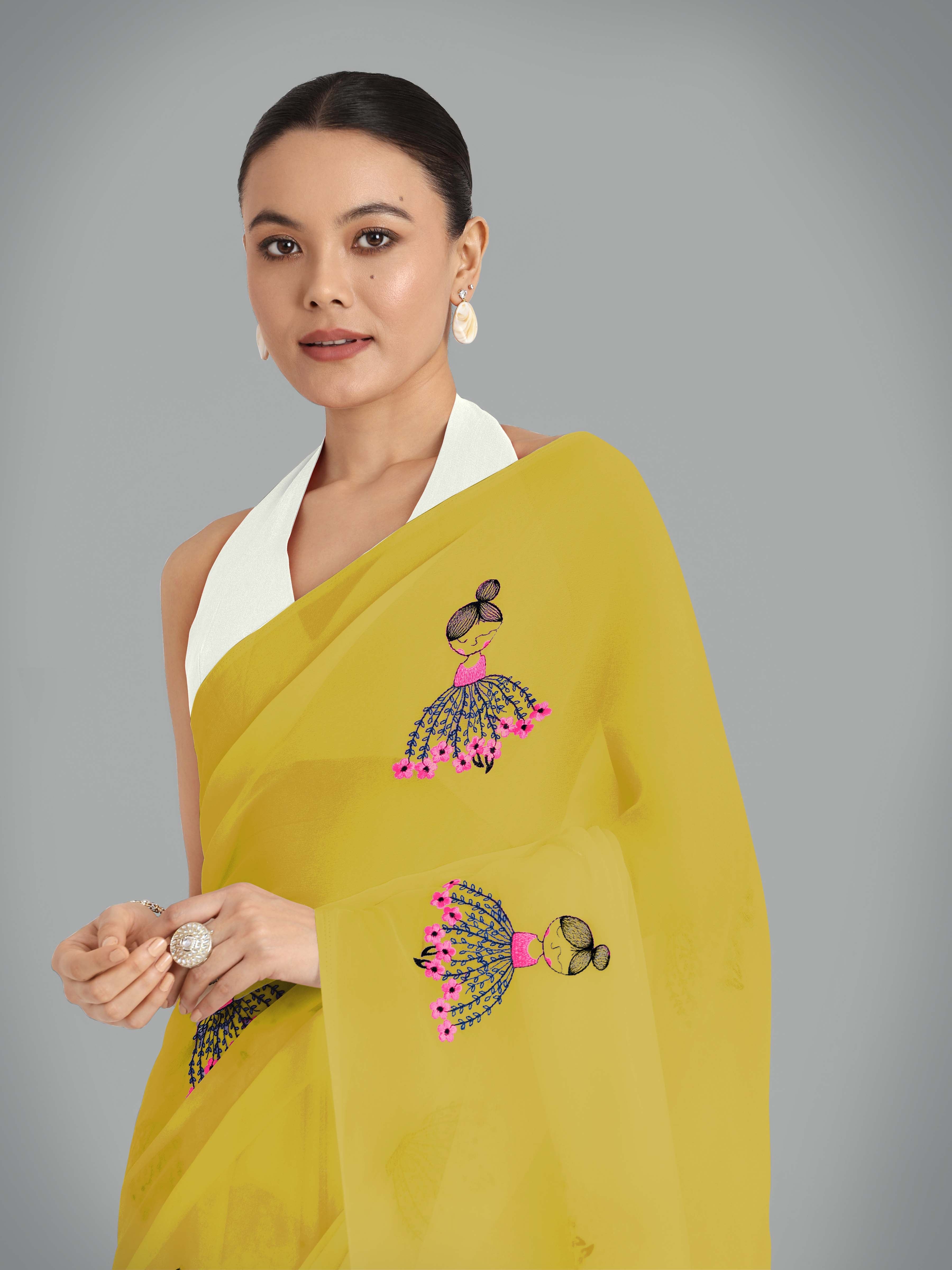 Olive Green Georgette Embroidered Work Party Wear Saree